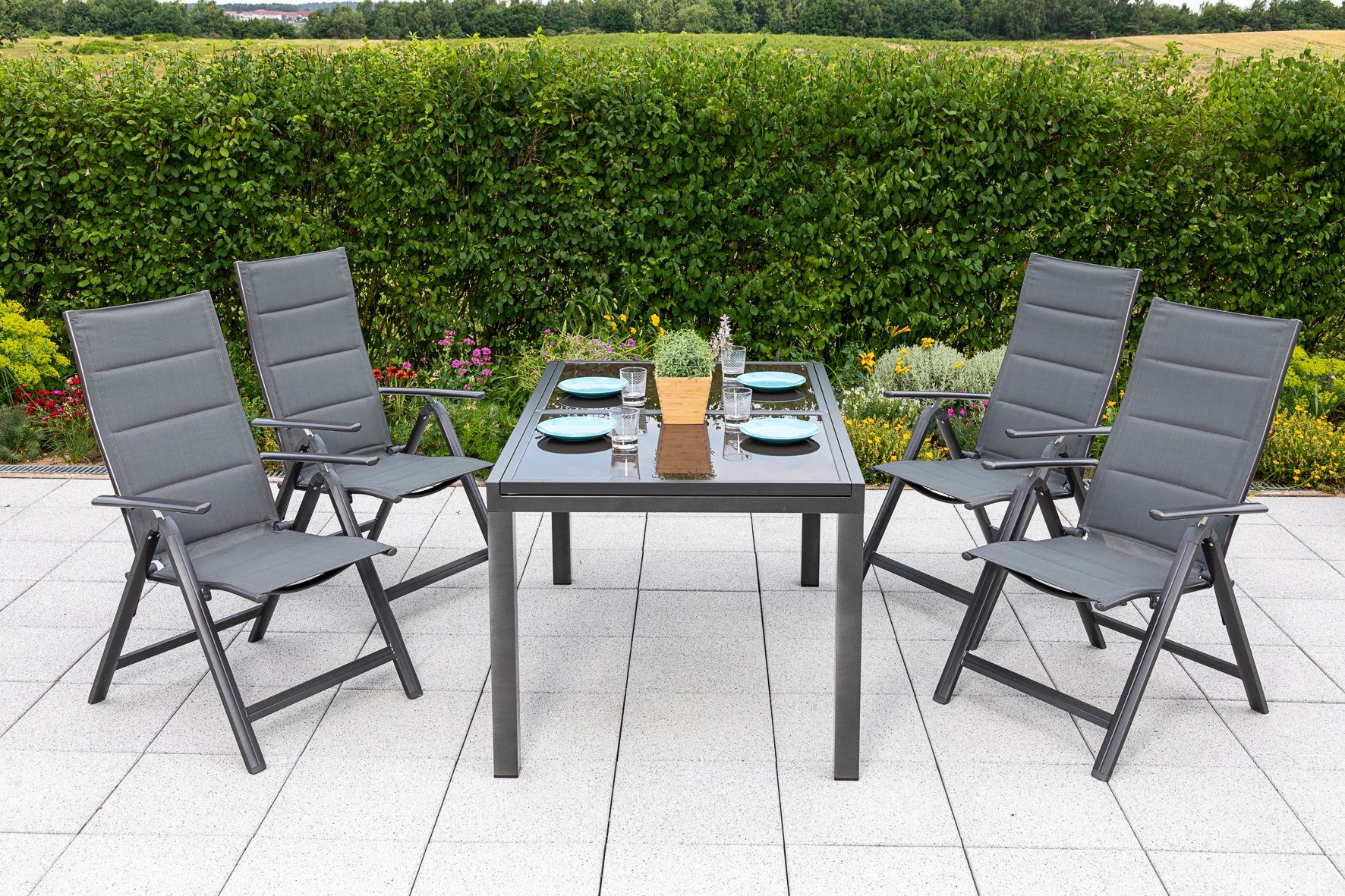 MERXX Tuin-eethoek Taviano 4 klapstoelen, 5-voudig verstelbaar, uitschuifbare tafel (set, 5-delig) tuinsets