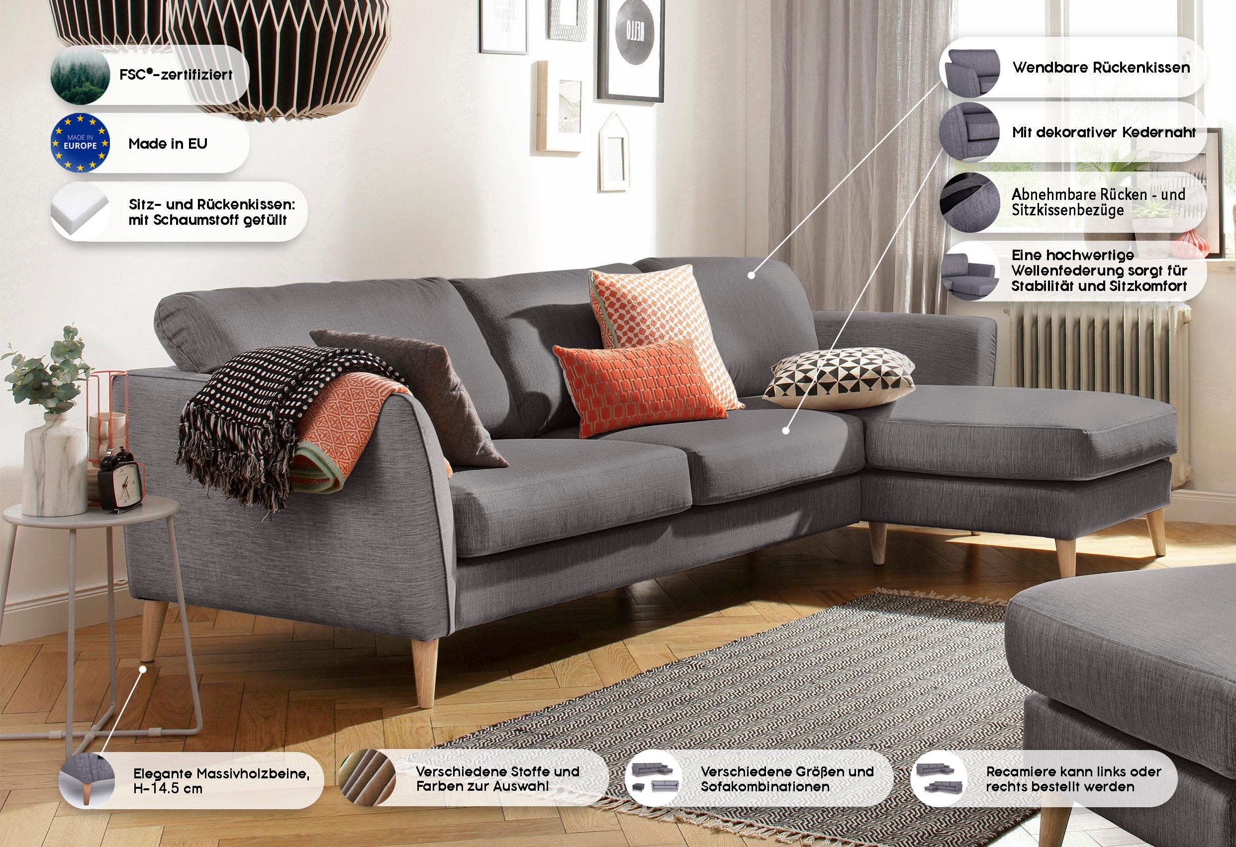 Home affaire Hoekbank MARSEILLE (279/152cm),L-Form, Rec. rechts/links, verschiedene Bezüge Massief houten poten van eiken, in verschillend overtrekken en kleurvarianten