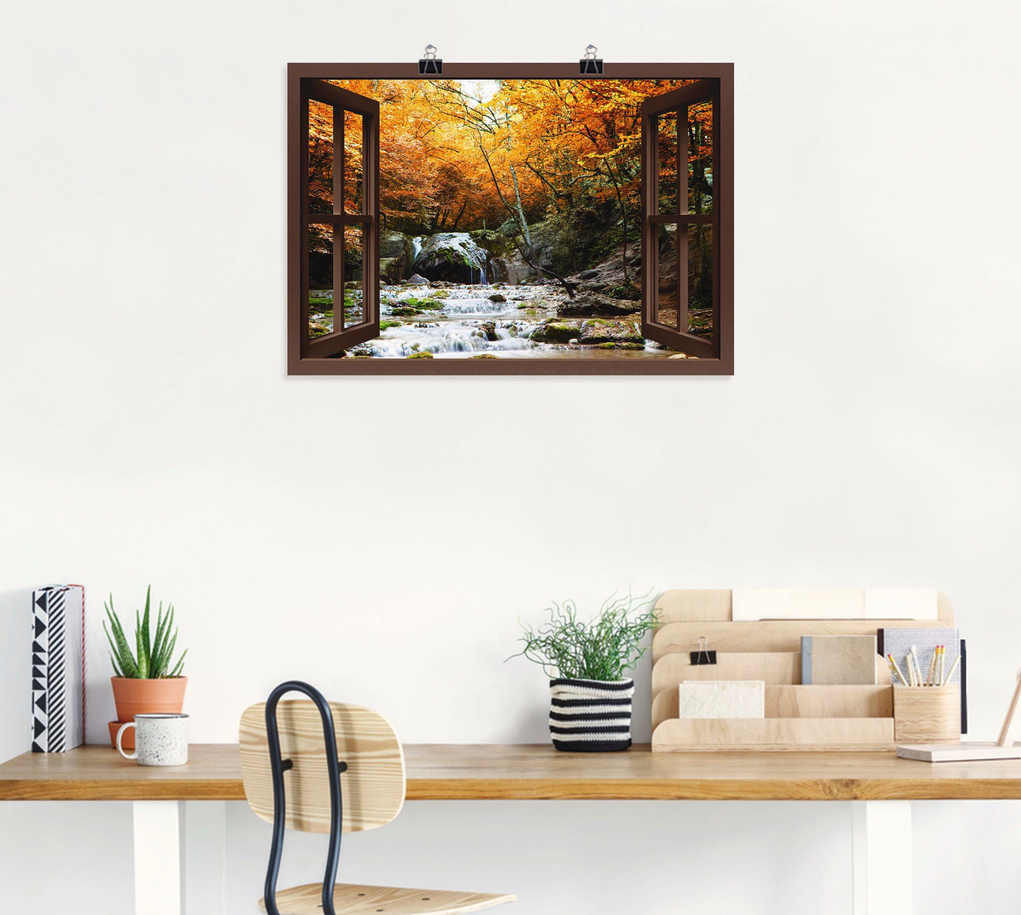 Artland Artprint Blik uit het venster - herfstige waterval als artprint op linnen, muursticker of poster in verschillende maten