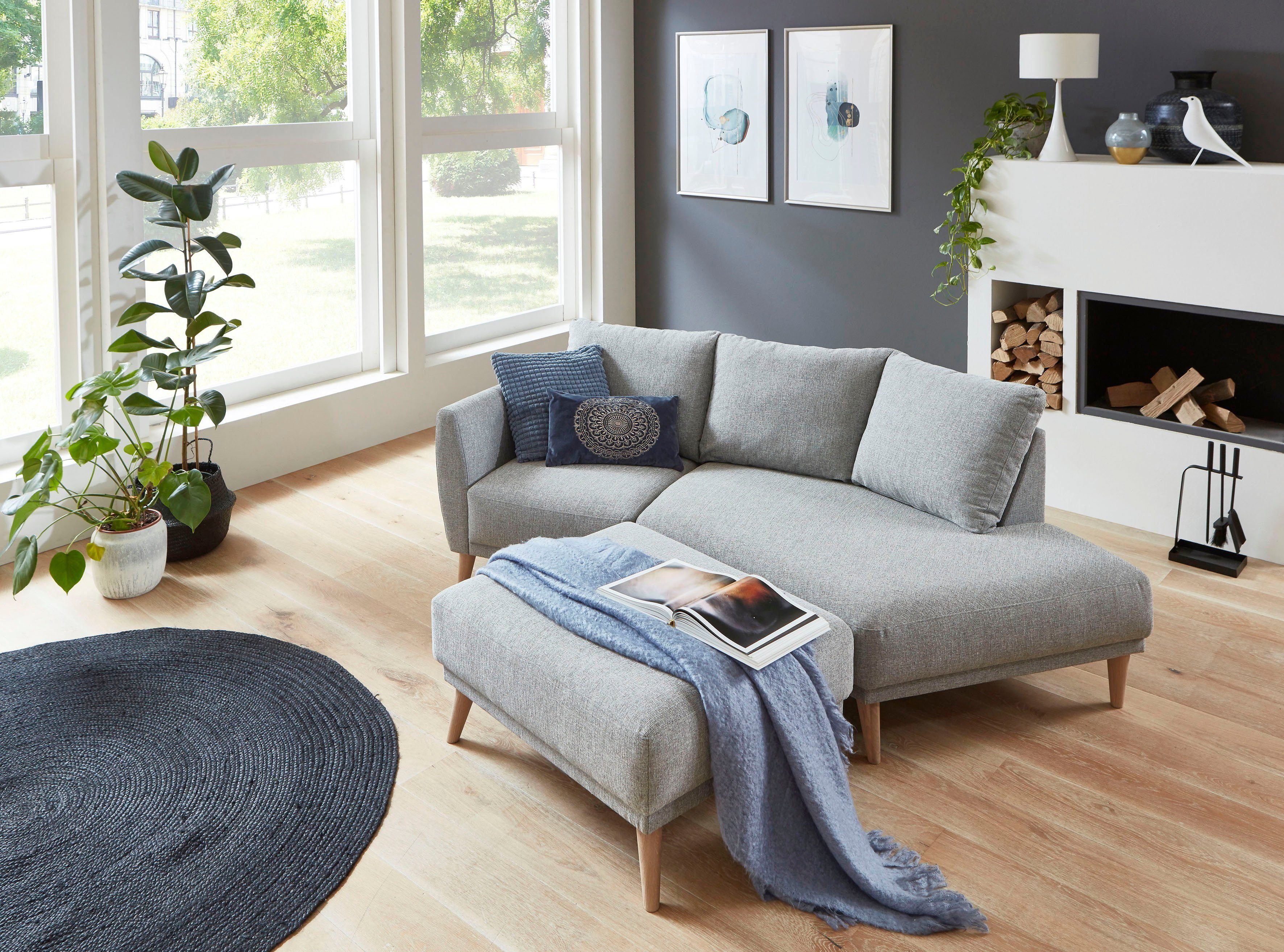ATLANTIC home collection 2,5-zitsbank Elvis Hoekbank met open einde in Scandinavische stijl, massief houten poten