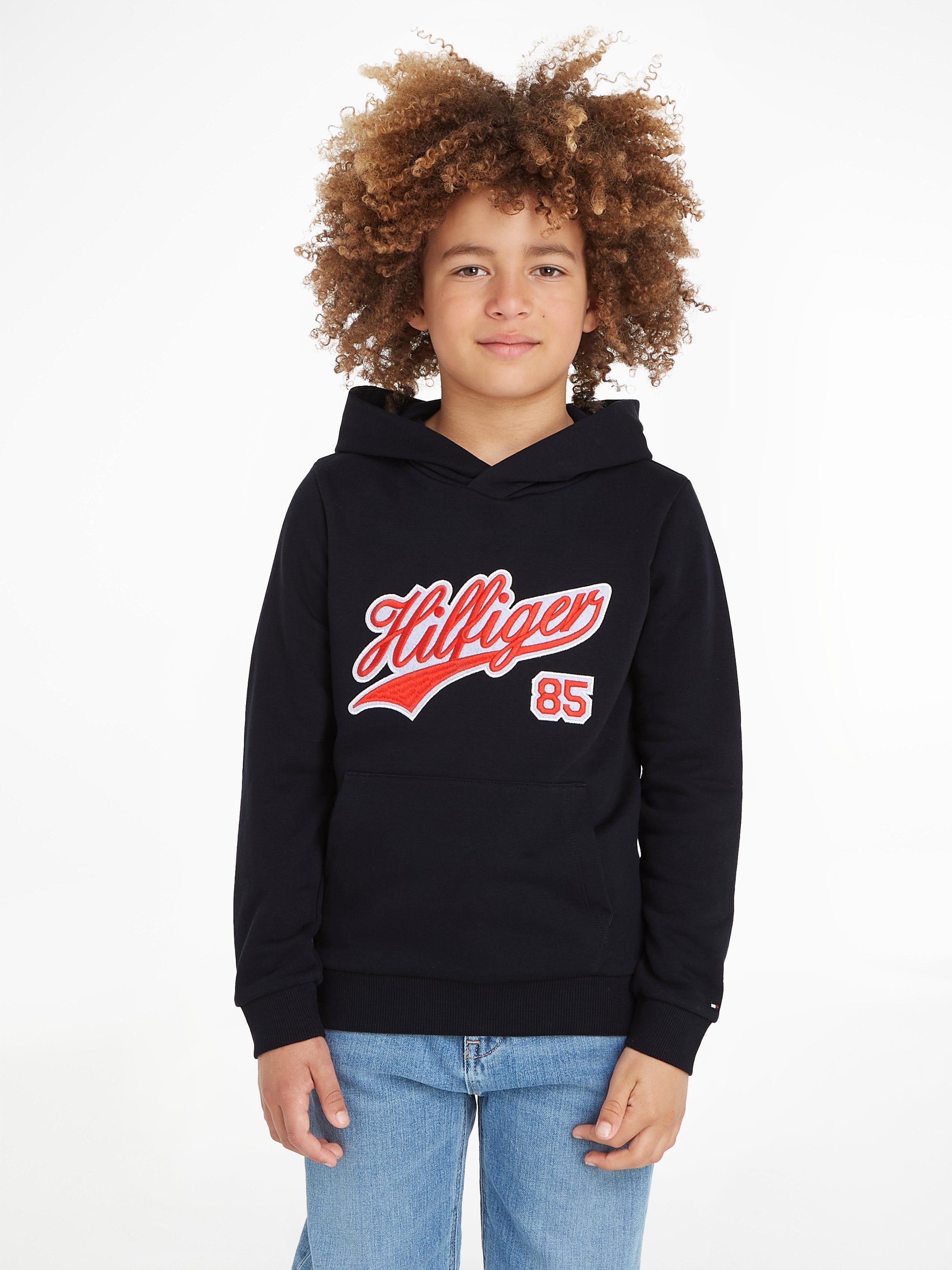 Tommy Hilfiger hoodie met tekst zwart rood Sweater Jongens Katoen Capuchon 104