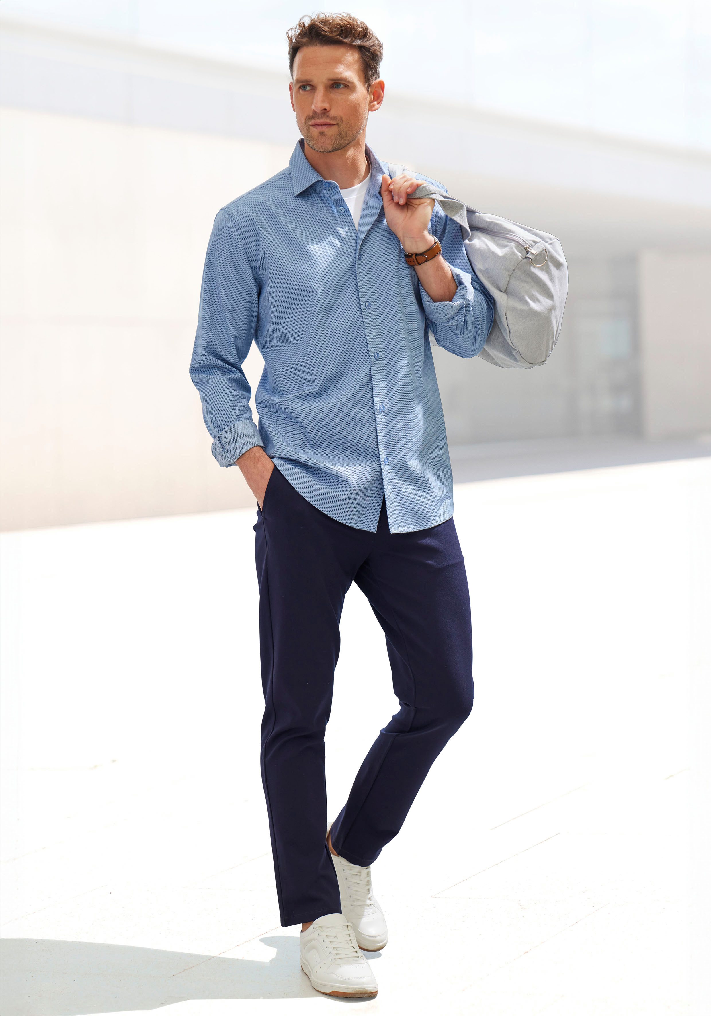H.I.S Overhemd met lange mouwen Regular fit elastisch jacquard-shirt in regular fit, onderhoudsvriendelijk van katoenmix