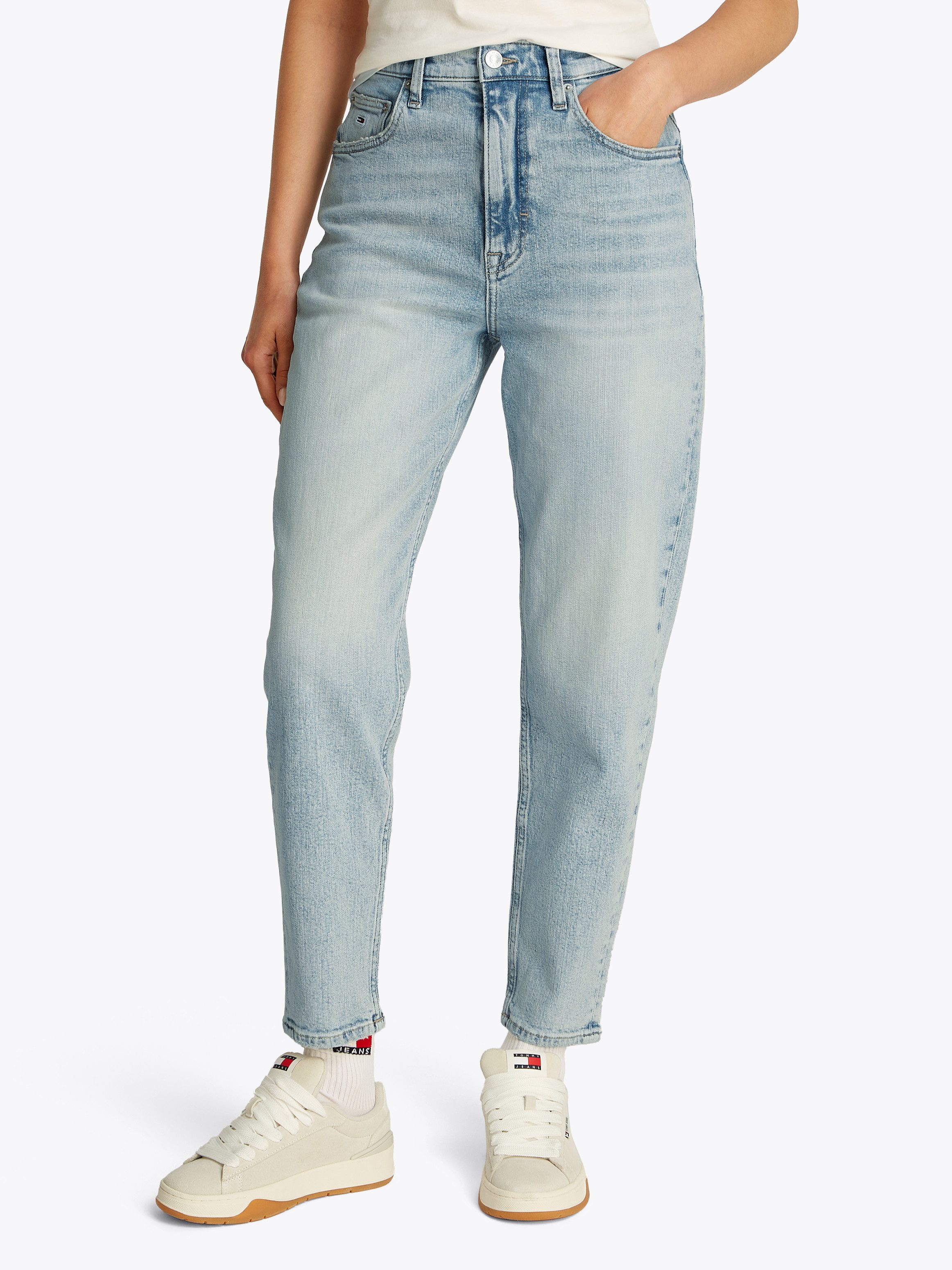 TOMMY JEANS Mom jeans High waist - Mom-Jeans Tapered met logo-borduurwerk, in enkelvrije lengte dames mom jeans maat 34 blauw