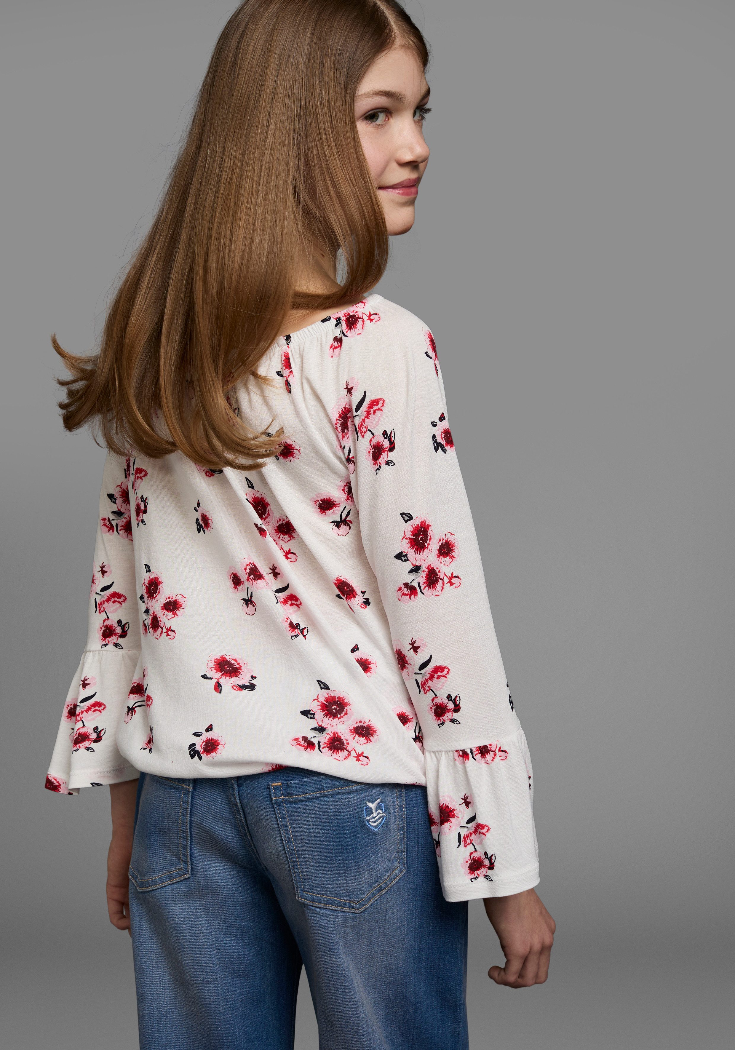 KIDSWORLD Shirt met carmenhals Shirt van viscose wijde pasvorm, met bloemenpatroon en print, carmenhals