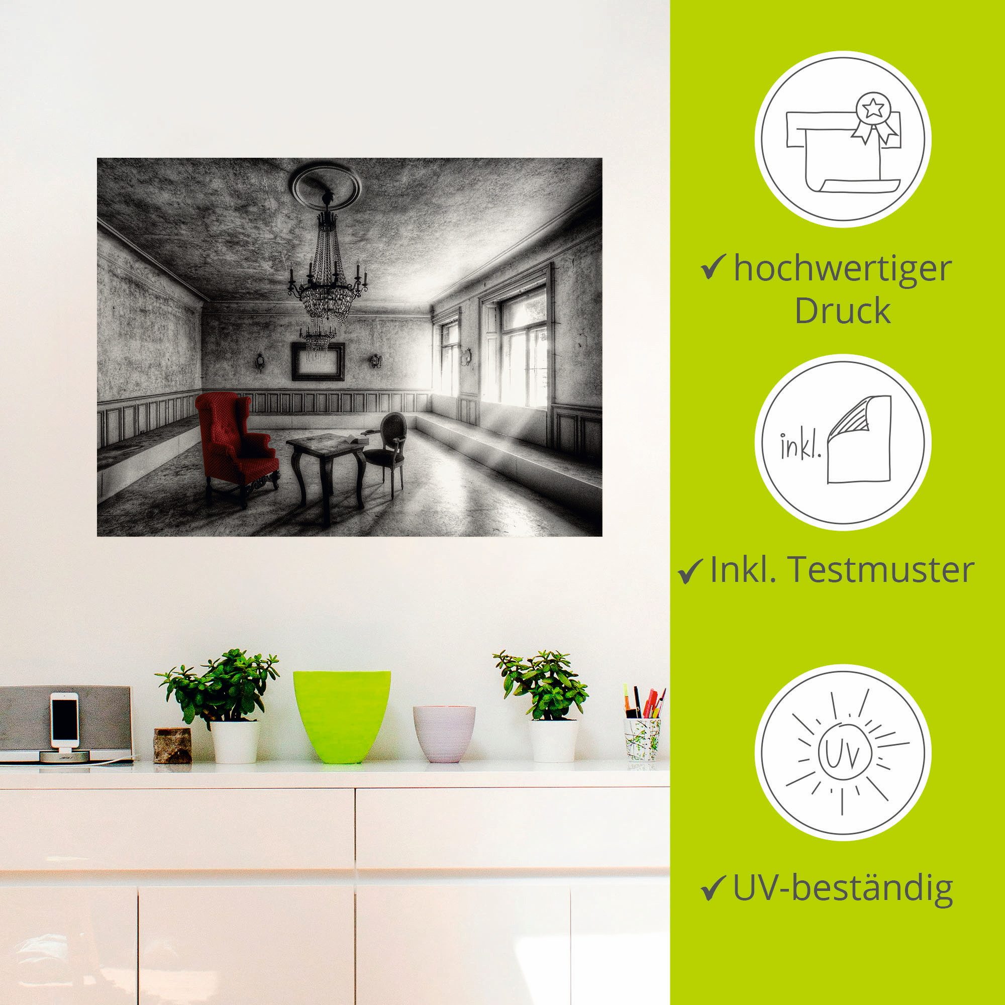 Artland Artprint Lost Place - rode fauteuil als artprint van aluminium, artprint voor buiten, artprint op linnen, poster, muursticker