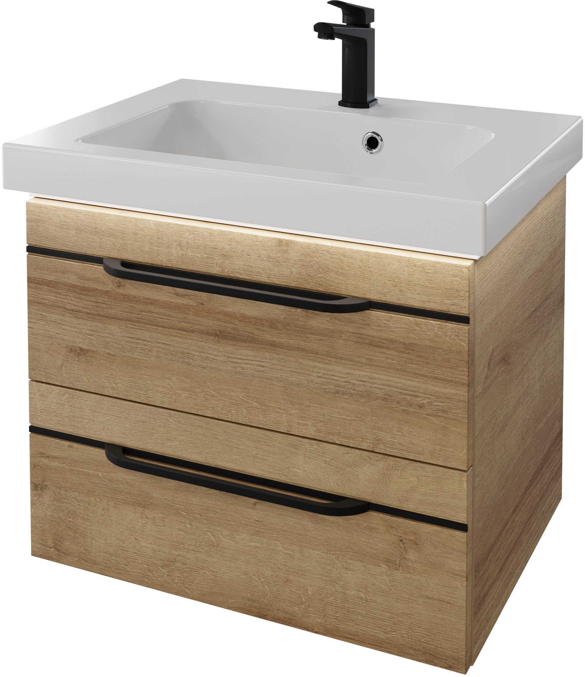 Saphir Wastafelonderkast Serie Balto mineraalmarmeren wastafel met onderkast, 64,4 cm breed Wastafelmeubel met 2 laden, badkamerkast in verschillende