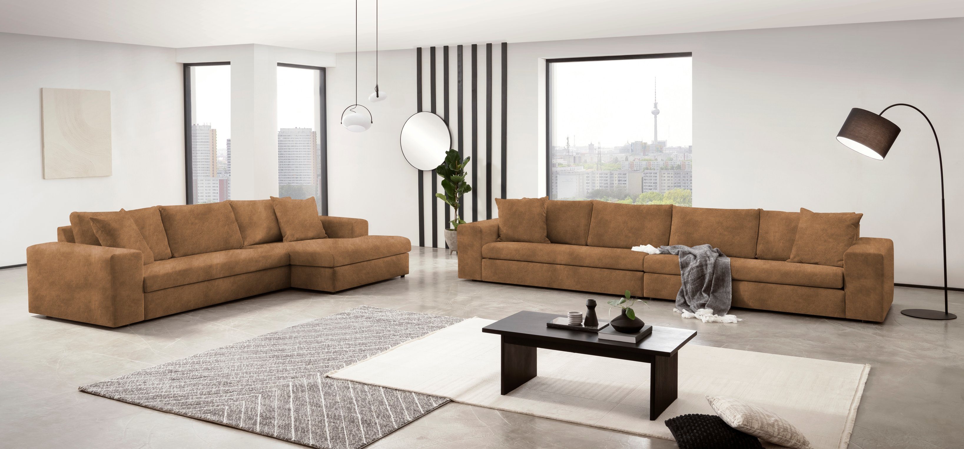 andas 4-zitsbank SLEETLAND XXL in fluweel of vintage lederlook