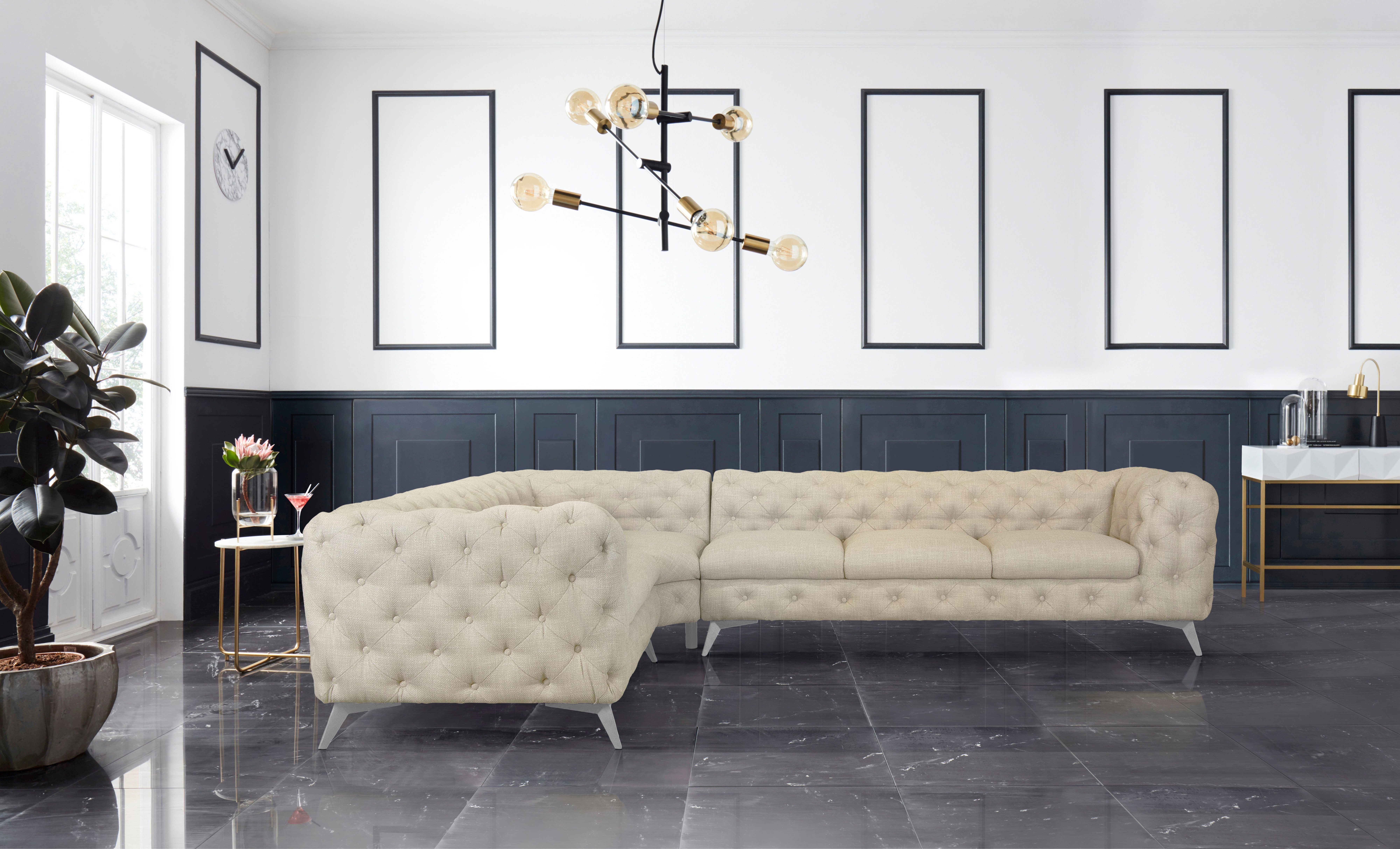 Leonique Chesterfield-bank Glynis L-vorm luxueuze capitonnage, moderne chesterfield look, kleur van de poten ter keuze