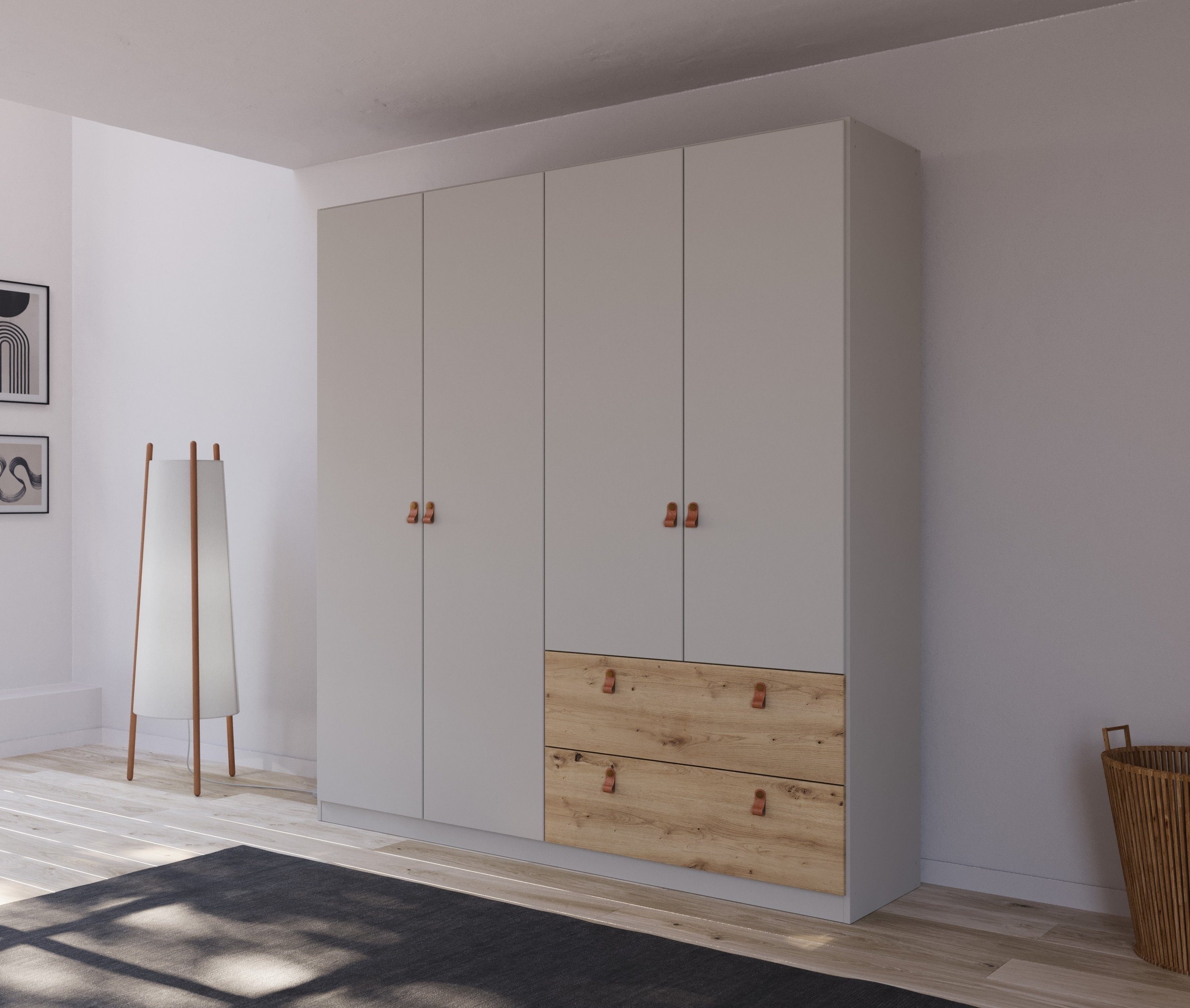 rauch Draaideurkast Homey by Quadra Spin met cognacbruine leren greeplussen, laden in eiken-decor
