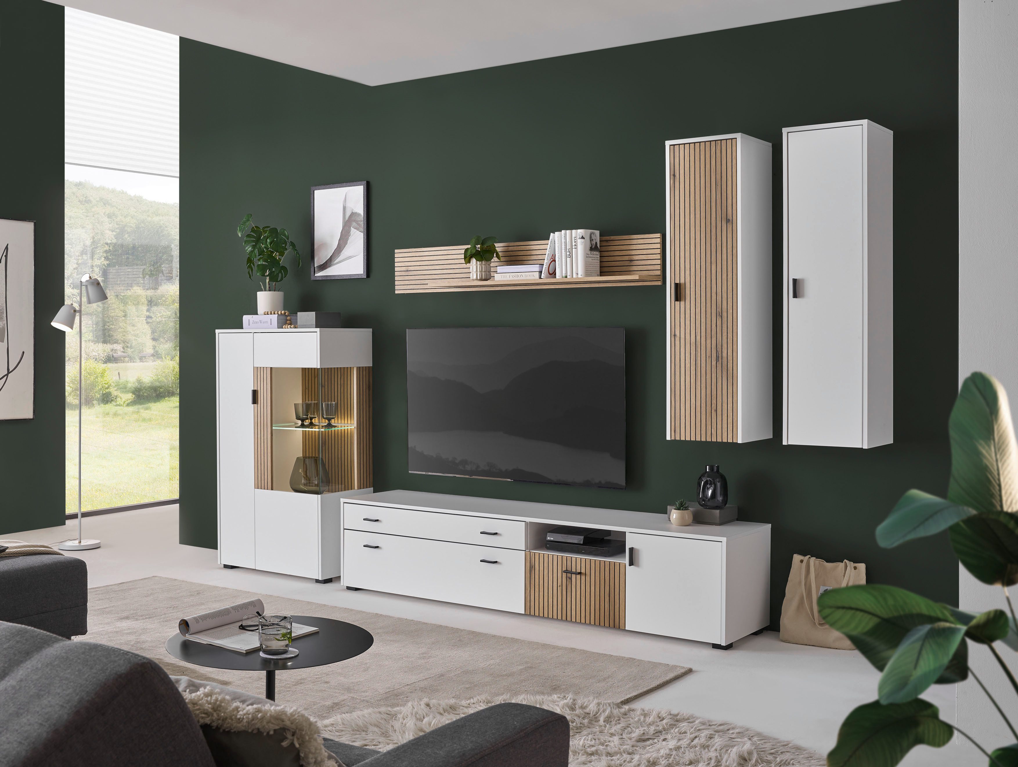 INOSIGN Wandmeubel Hudson met moderne groevenlook, handgrepen van metaal (zwart), breedte 328 cm (set, 5-delig)