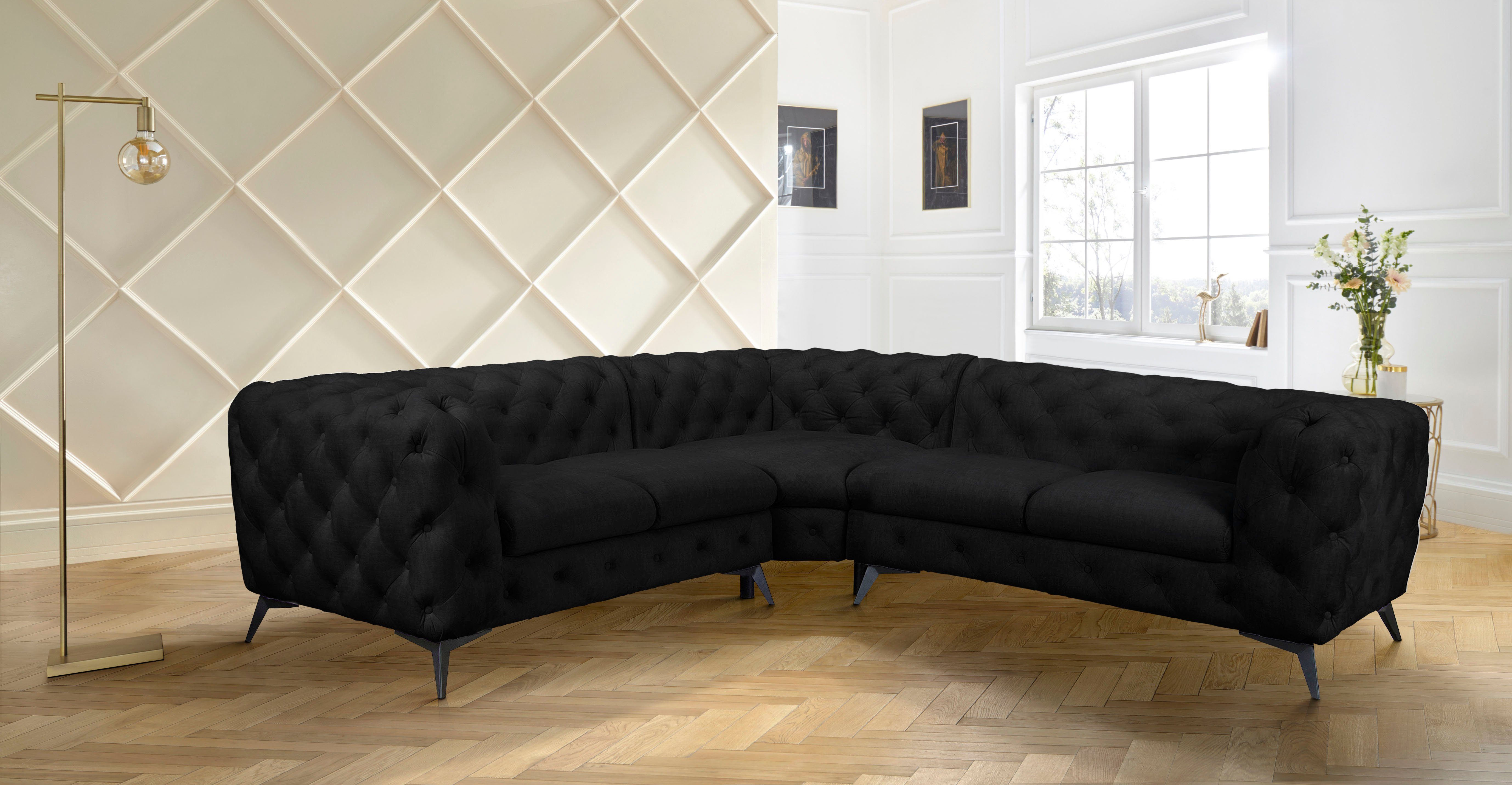 Leonique Chesterfield-bank Glynis L-vorm luxueuze capitonnage, moderne chesterfield look, kleur van de poten ter keuze
