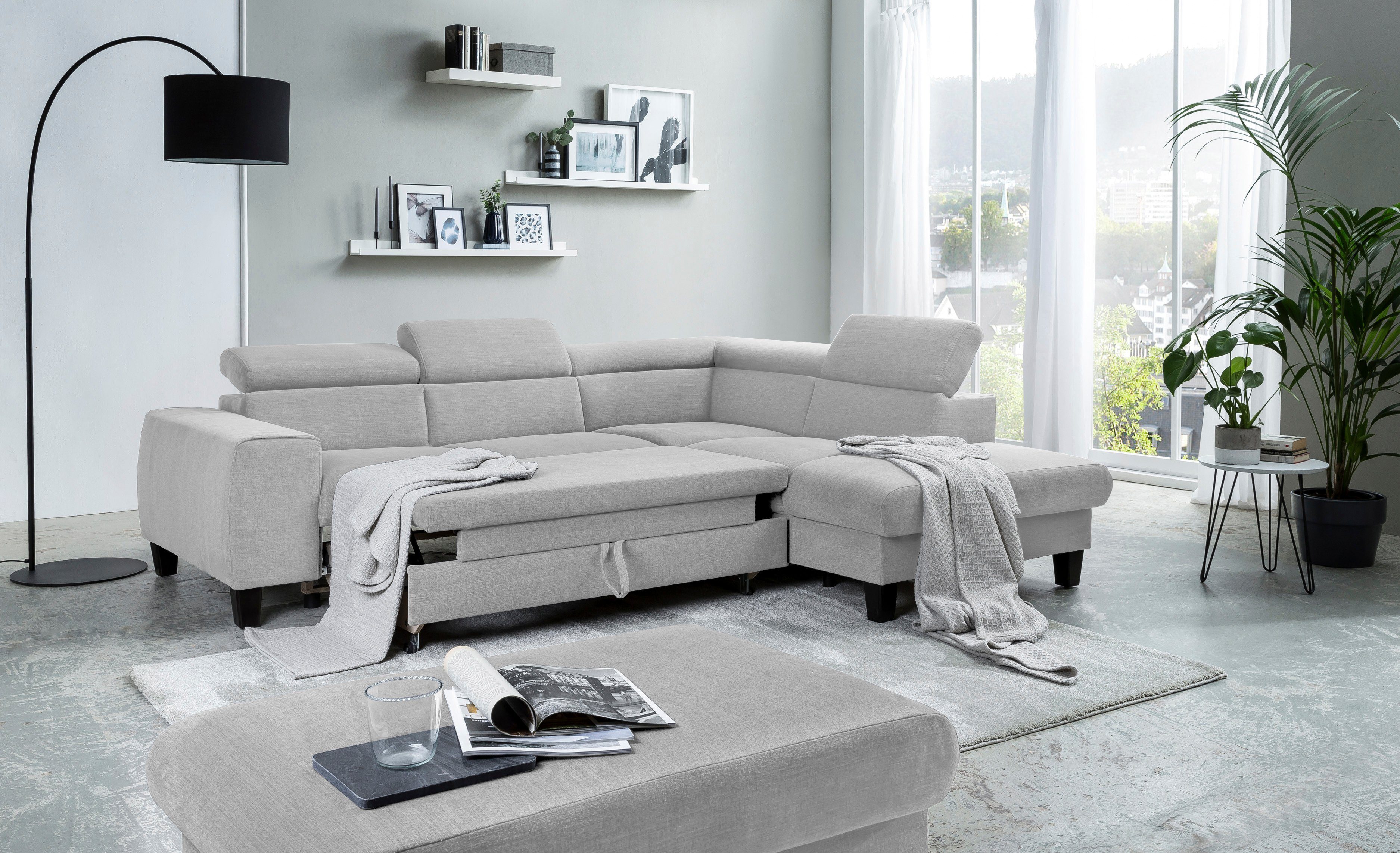 COTTA Hoekbank Morven L-vorm met hoofdeindeverstelling keuze met bedfunctie, bedlade & draadloze oplader