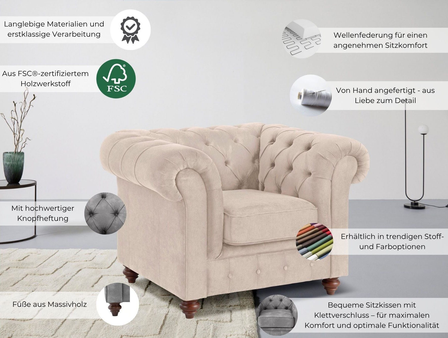 Home affaire Fauteuil Chesterfield B/D/H: 105/69/74 cm met hoogwaardige knoopdetails, ook in leer