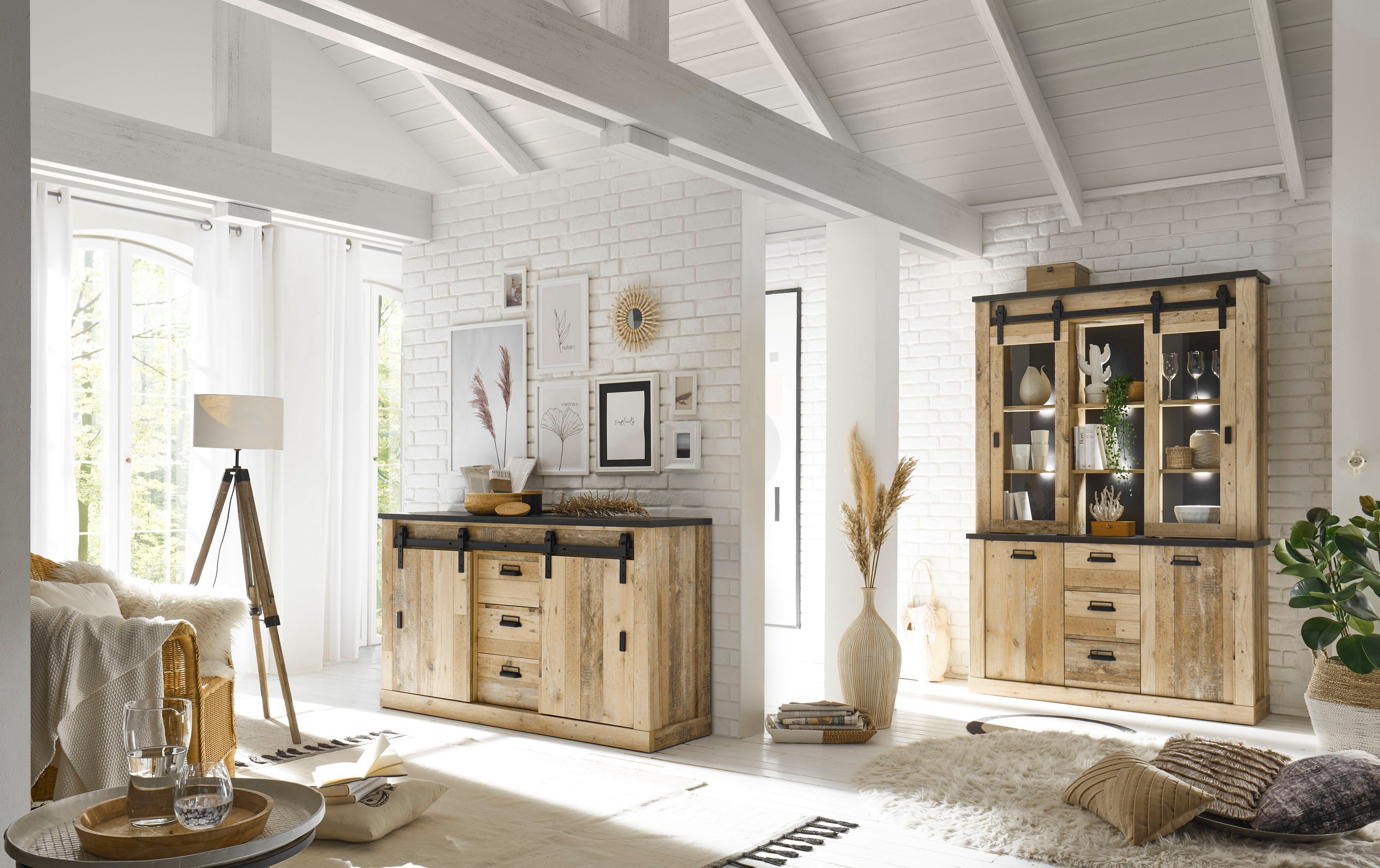 Home affaire Dressoir Sherwood Houtdecor, met schuurdeurbeslag en apothekersgrepen, breedte 161 cm