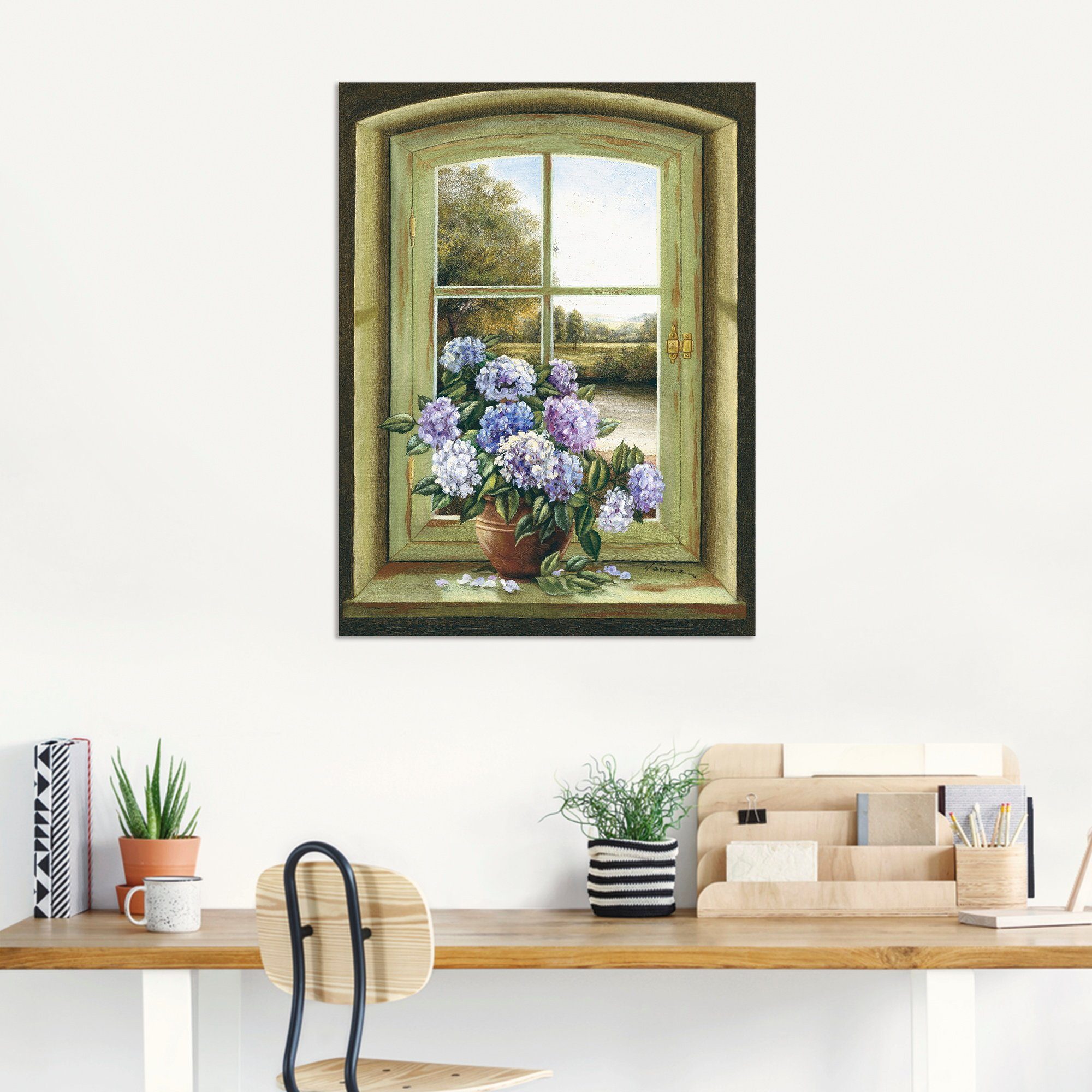 Artland Artprint Hortensia's bij het raam als artprint van aluminium, artprint voor buiten, artprint op linnen, poster, muursticker