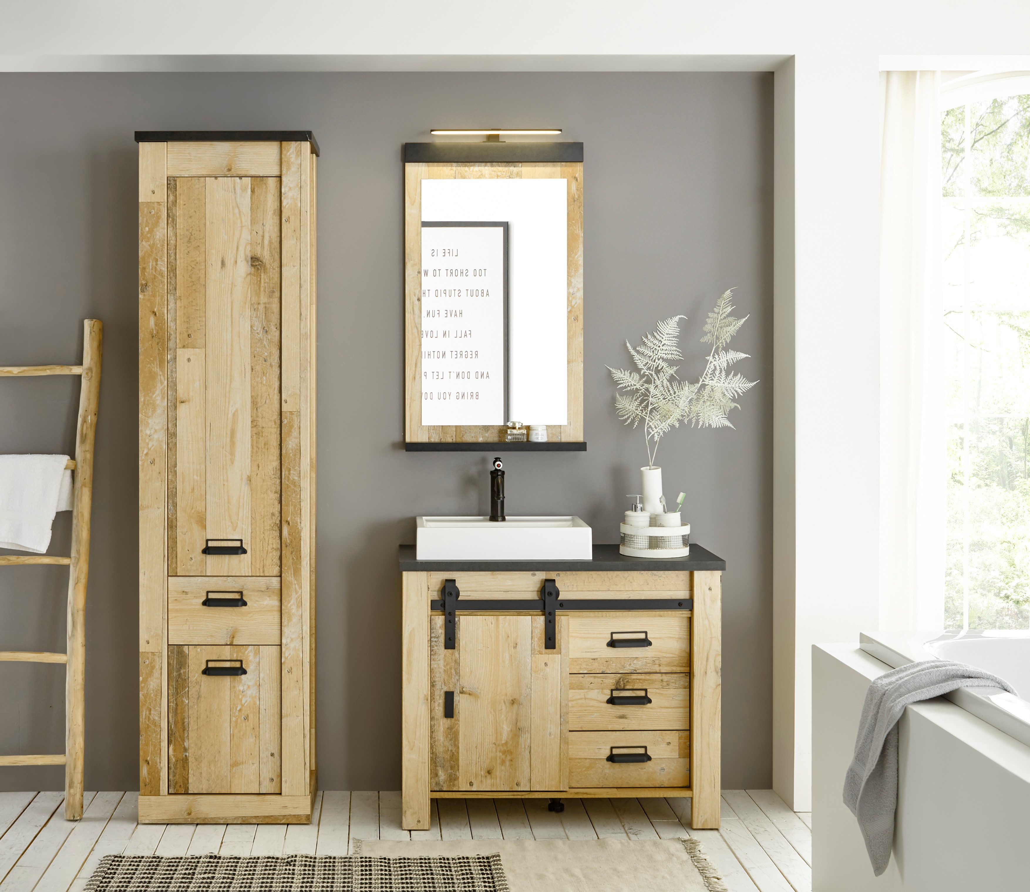 Home affaire Badkamerserie SHERWOOD, Bad im modernen Design, 3-teiliges Badezimmer in houtdecor, met schuurdeurbeslag en apothekersgrepen van metaal (3-delig)