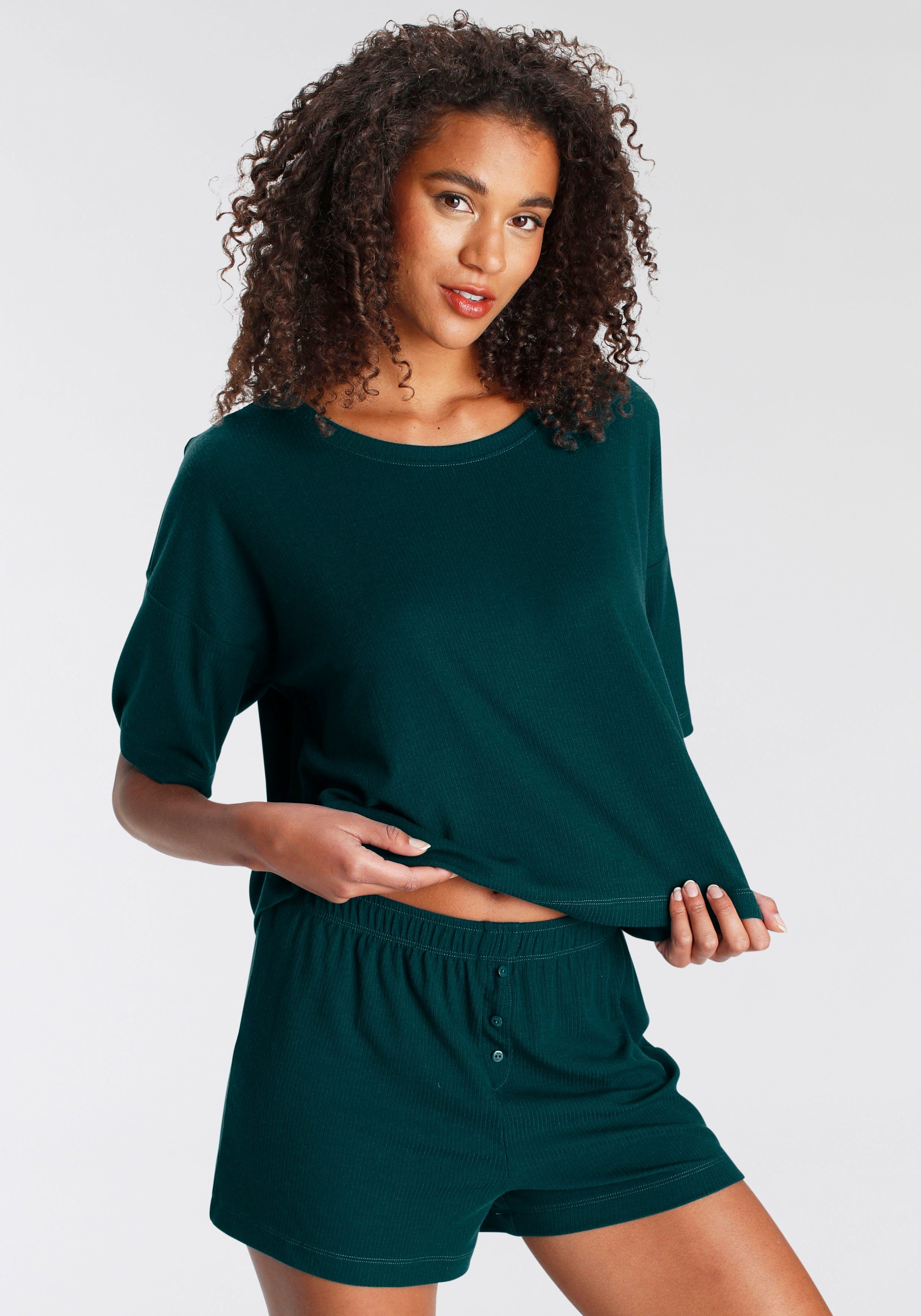 Lascana Shortama uit mooi ribmateriaal (set, 2-delig) dames shortama's maat 32/34 groen
