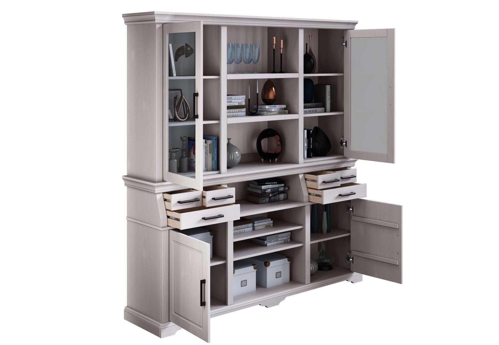 Home affaire Buffetkast Anabel, mit Glastüren und schwarzen Metallgriffen gecertificeerd massief hout, breedte 186 cm, in landhuisstijl