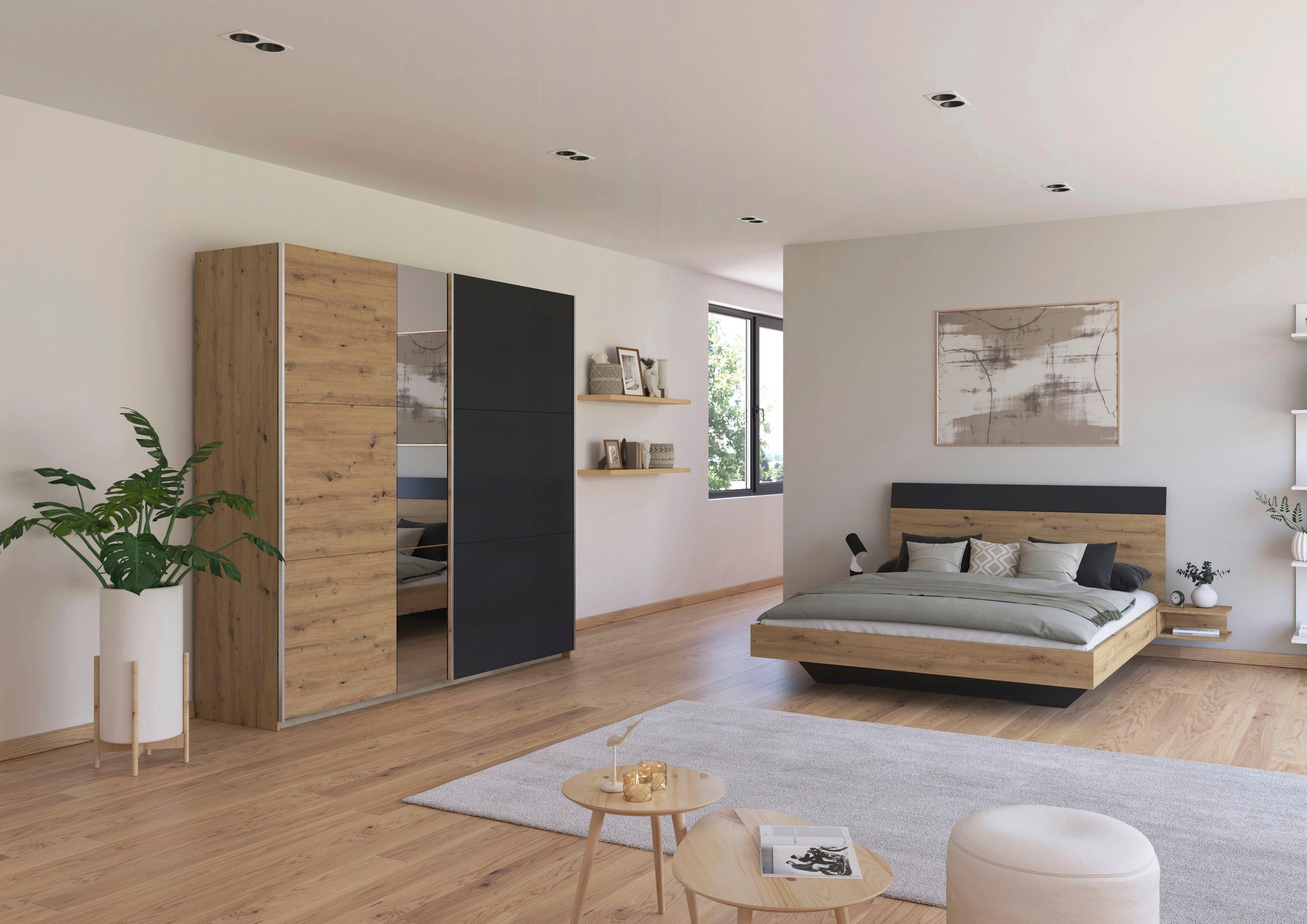 rauch Slaapkamerserie Monza met schuifdeurkast breedte 218 cm, bedcombinatie in 2 breedtes