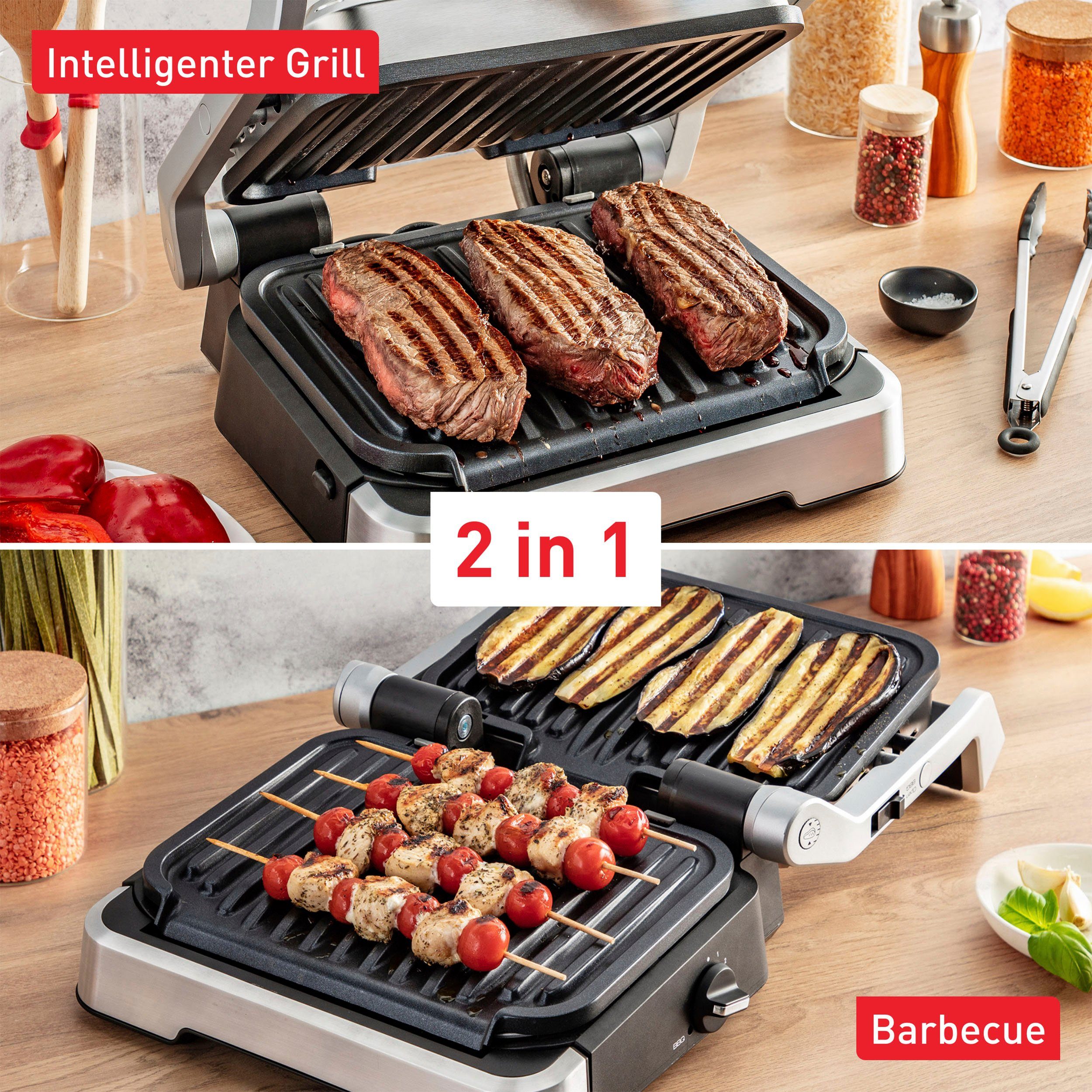 Tefal Contactgrill GC773D OptiGrill 2-in-1 met grilltang intelligente grill & bbq, scharnierend, 9 automatische programma's