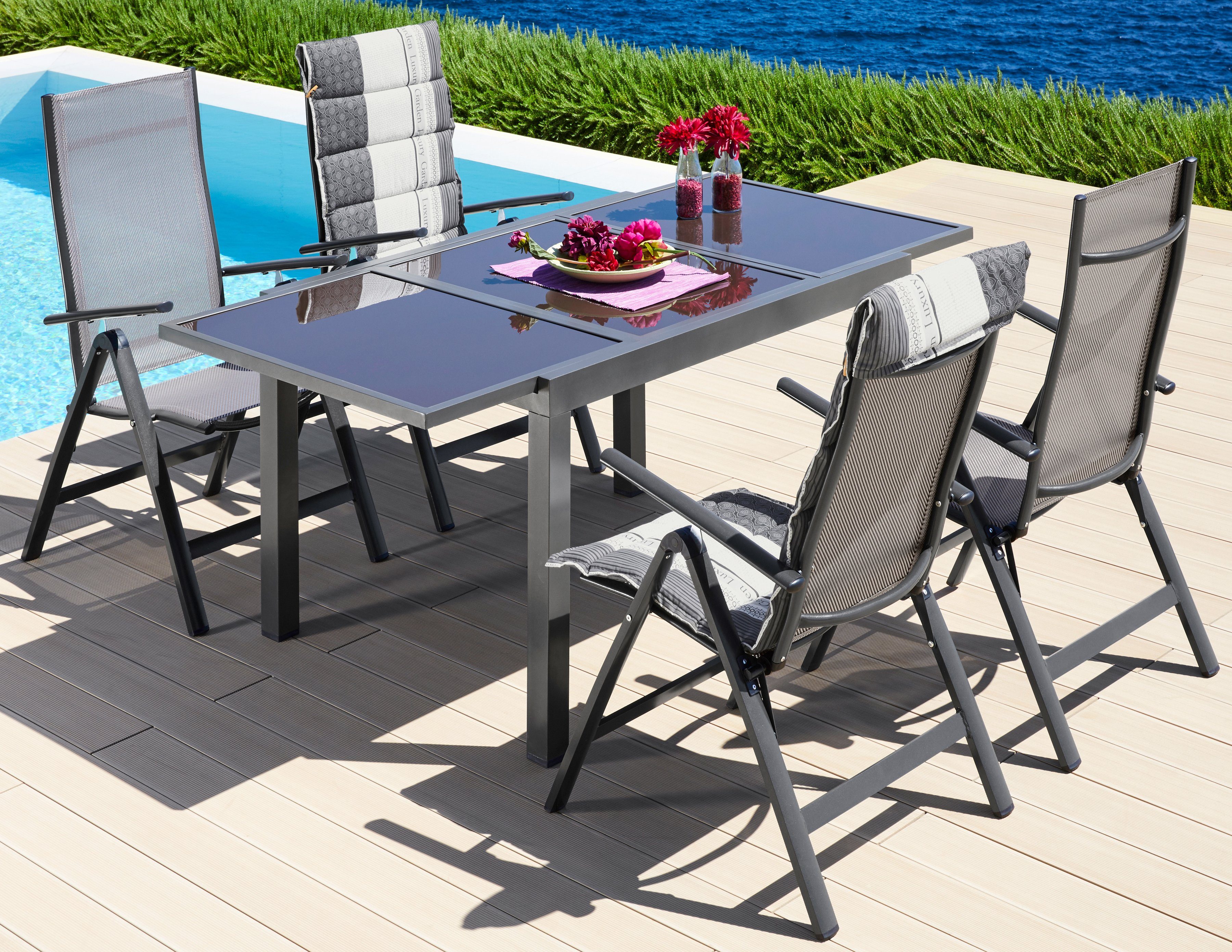 MERXX Tuin-eethoek Amalfi met 4 stoelen en uitschuifbare tafel (120 - 180 cm) tuinsets grijs