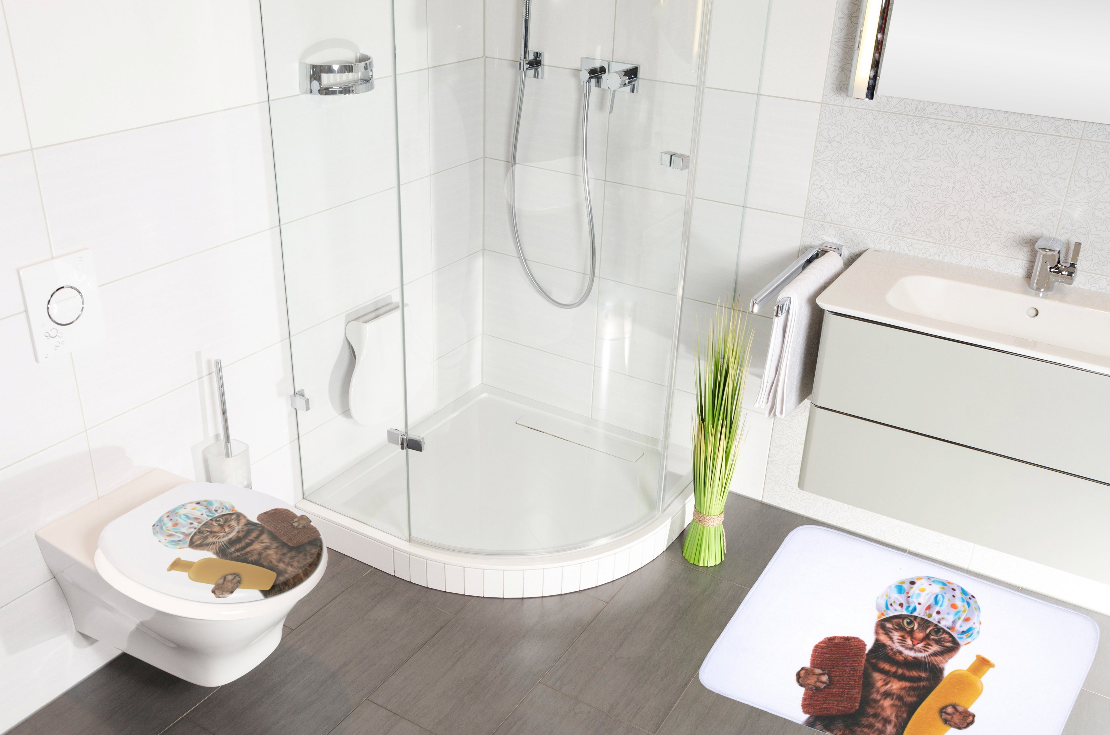 Sanilo Set badkameraccessoires Shower Cat bestaand uit toiletzitting, badmat en wastafelplug (3-delig)