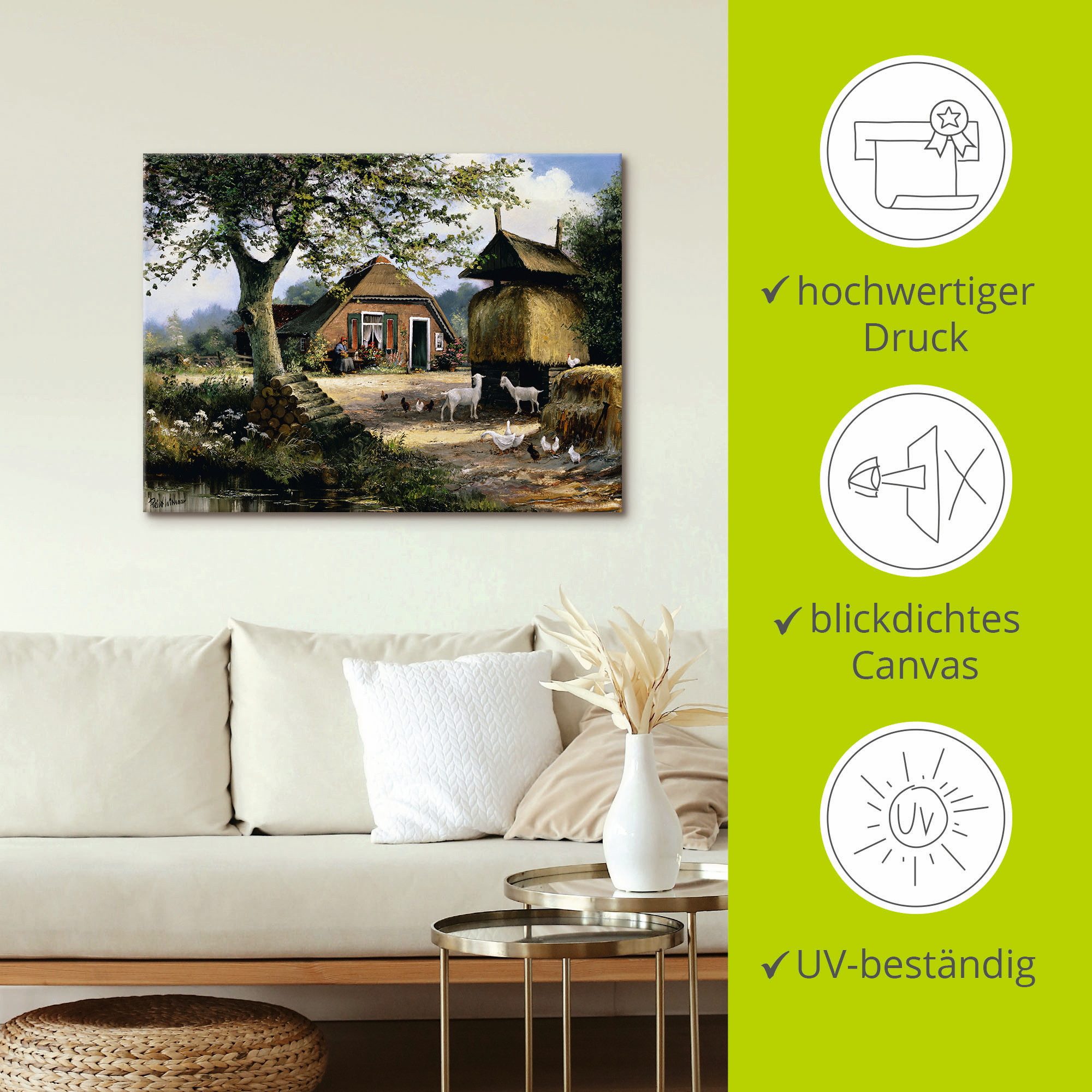 Artland Artprint Idyllische boerderij met kippen en geiten als artprint op linnen, poster in verschillende formaten maten