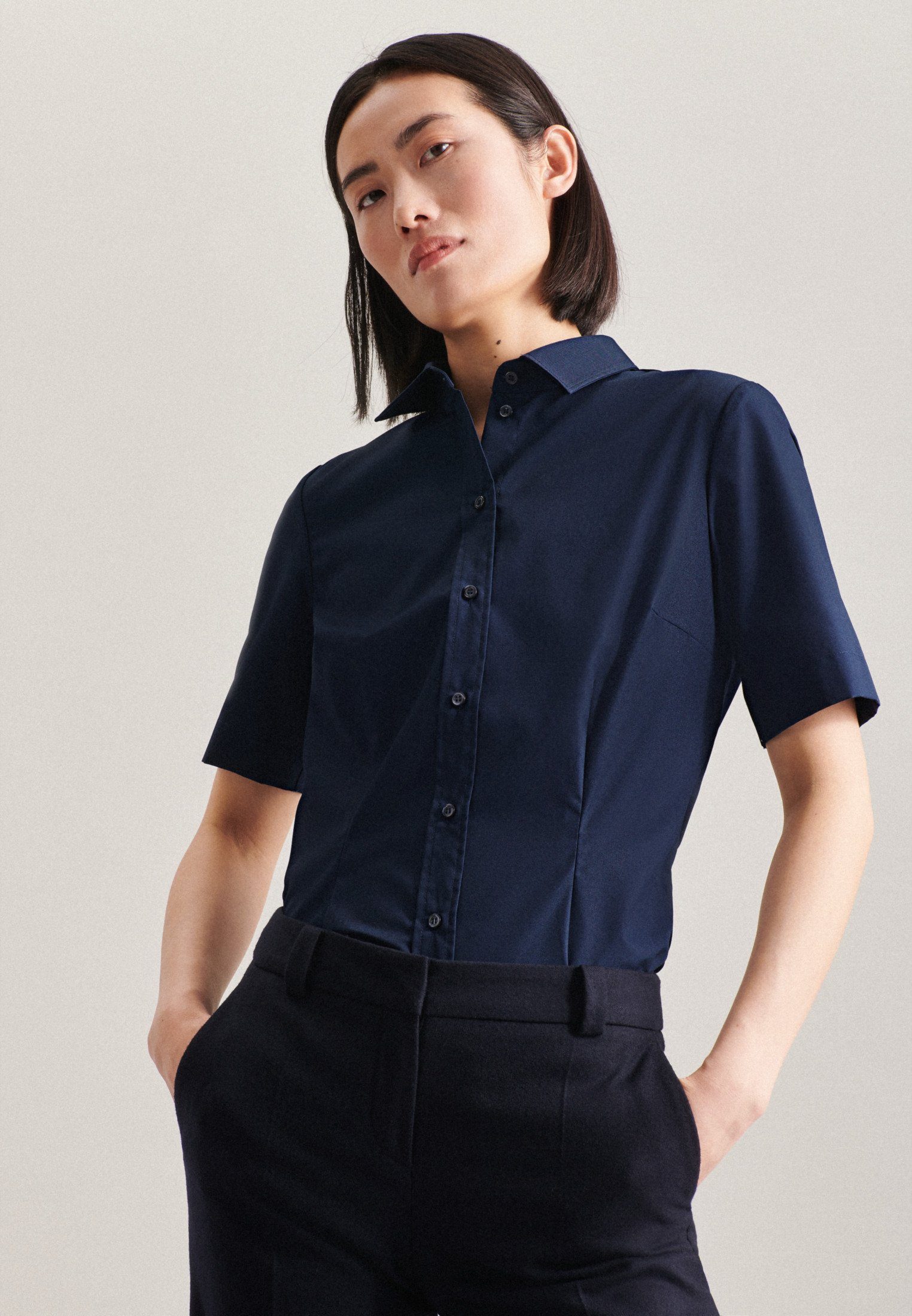 seidensticker Overhemdblouse Zwarte roos Korte mouwen kraag uni