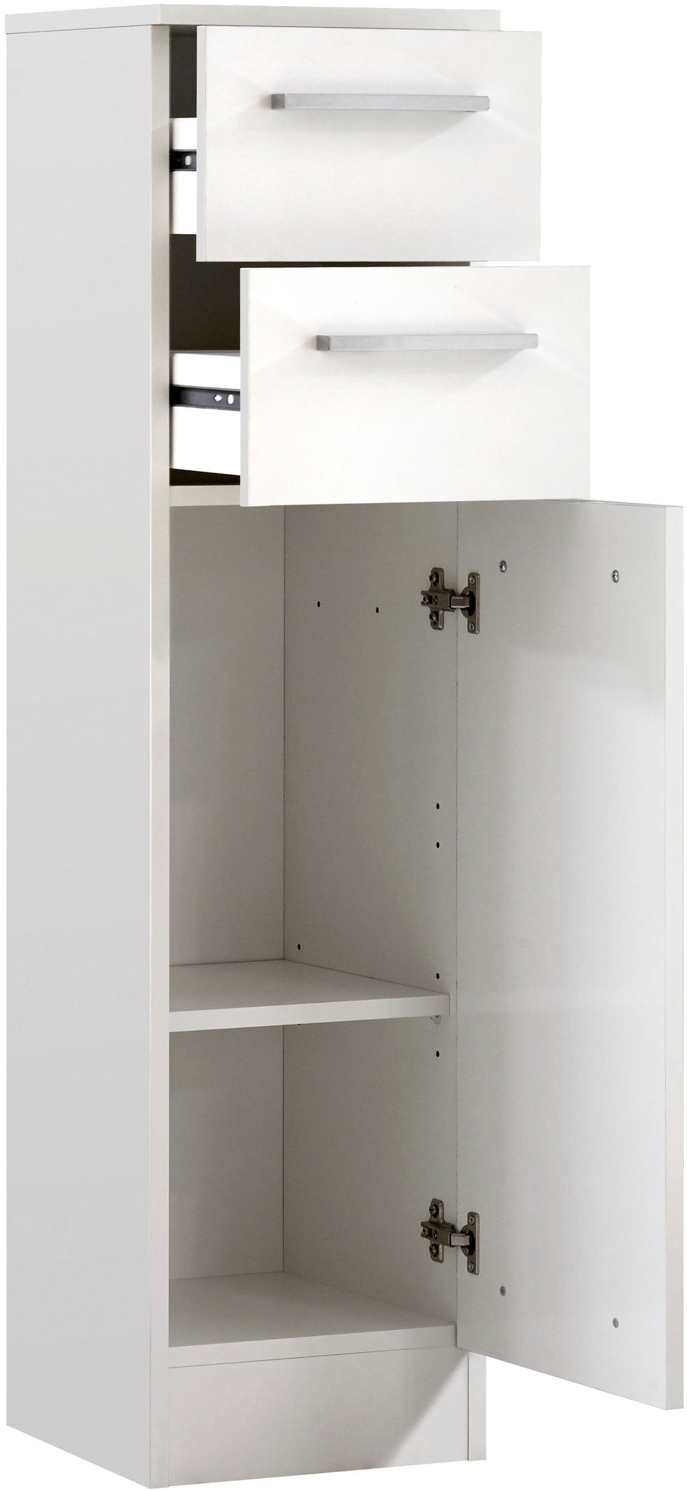 Saphir Onderkast Quickset 335 Badkamermeubel, 1 deur, 2 laden, 30 cm breed Badkamer-onderkast, glanzend wit, grepen in glanzend chroom