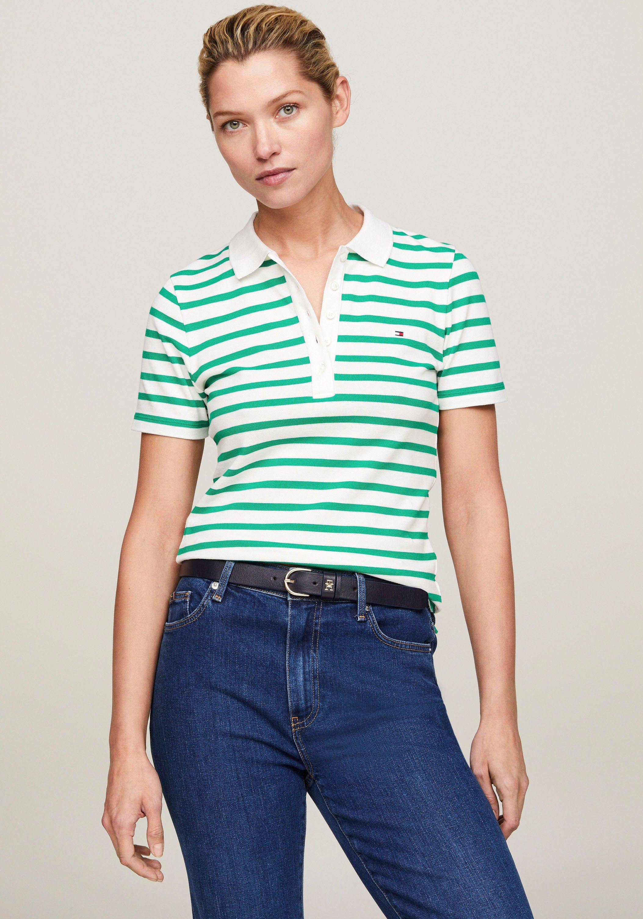 Tommy Hilfiger Poloshirt 1985 SLIM PIQUE STRIPE POLO SS met discreet geborduurd tommy hilfiger logo