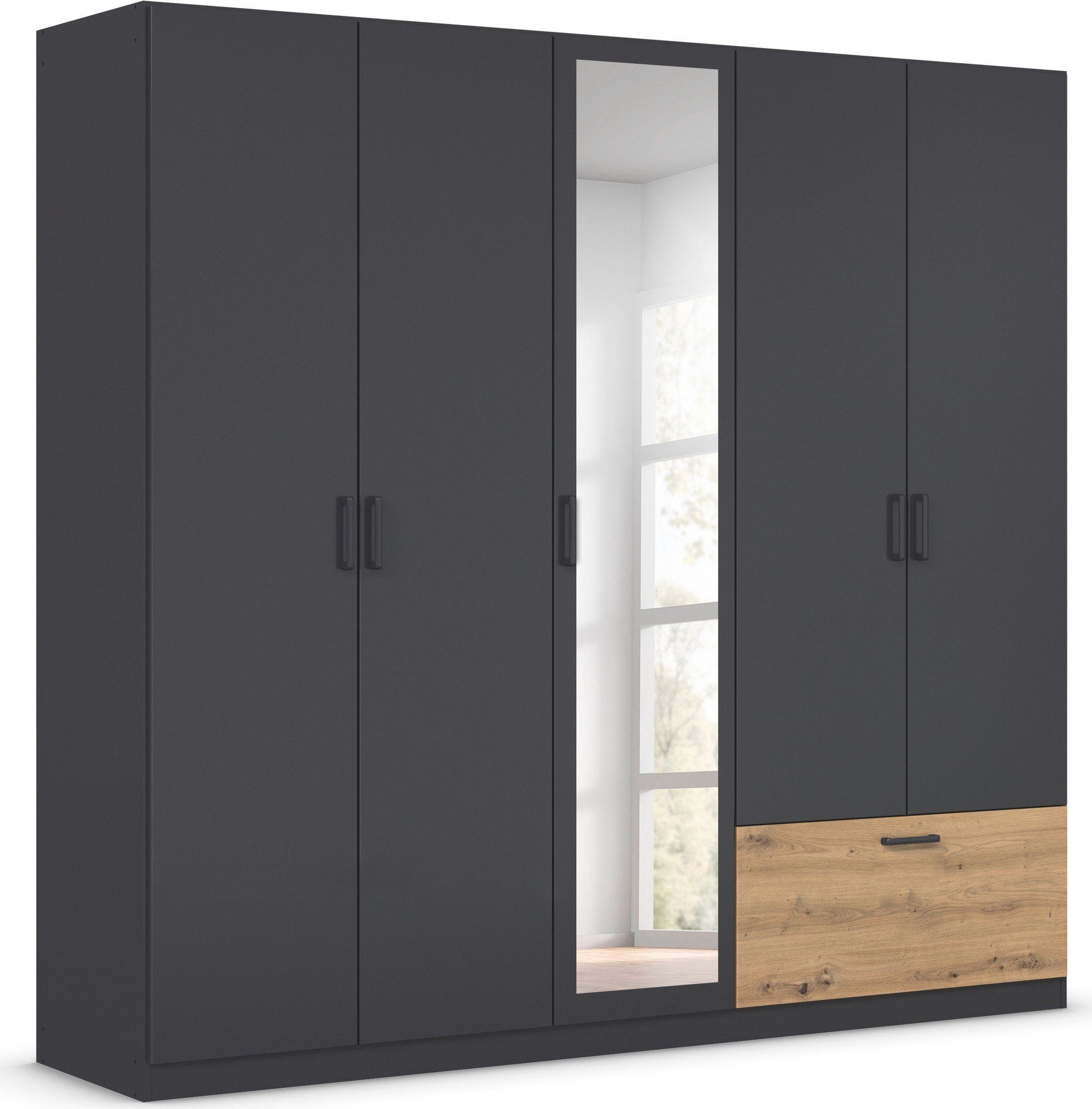 rauch Draaideurkast Kledingkast kast garderobe waskast BARI met spiegel met lades aan de buitenkant, moderne greep in grijs metallic made in germany