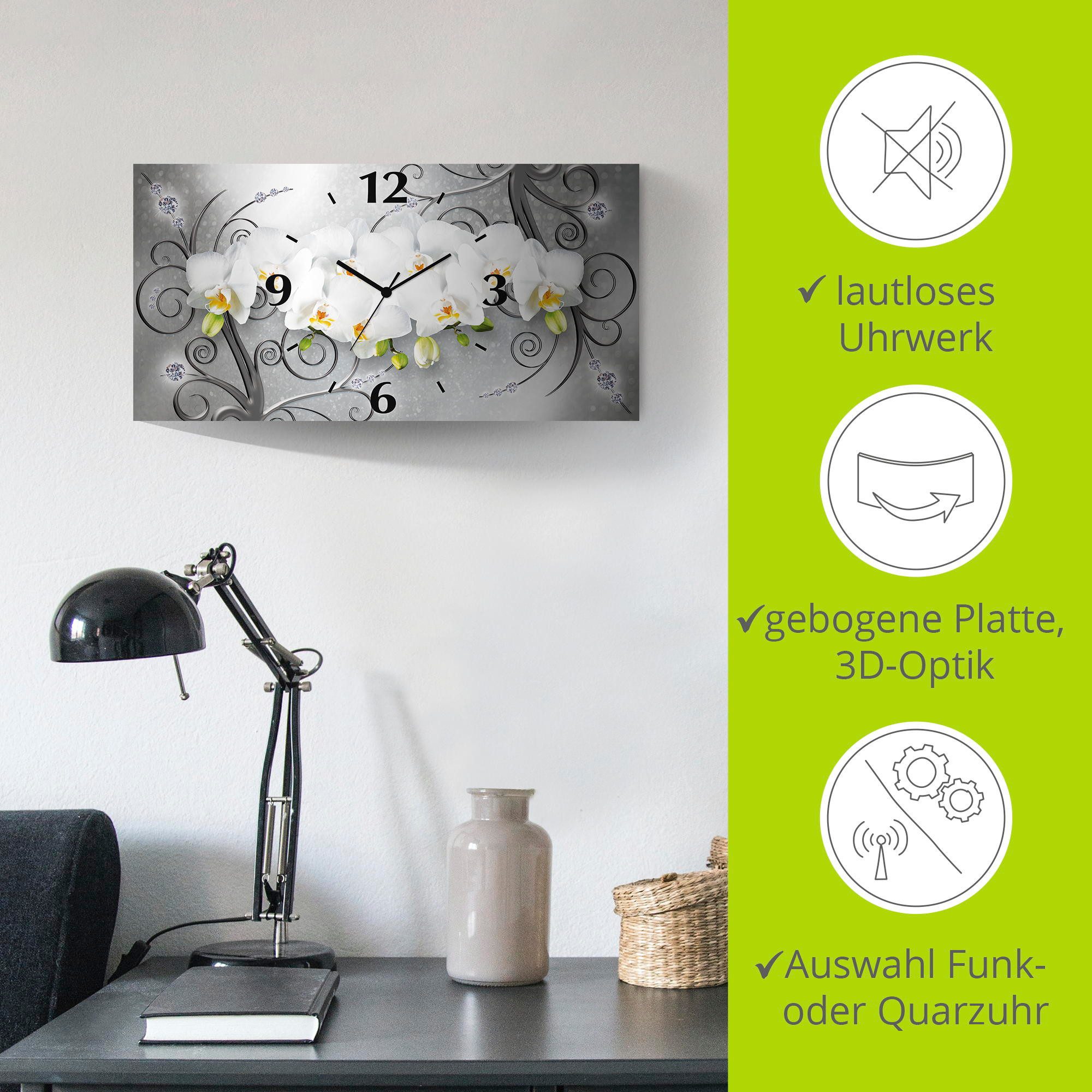 Artland Wandklok Witte orchideeën op ornamenten 3d-look geschulpt, met kwarts- of radiografisch uurwerk, verschillende maten