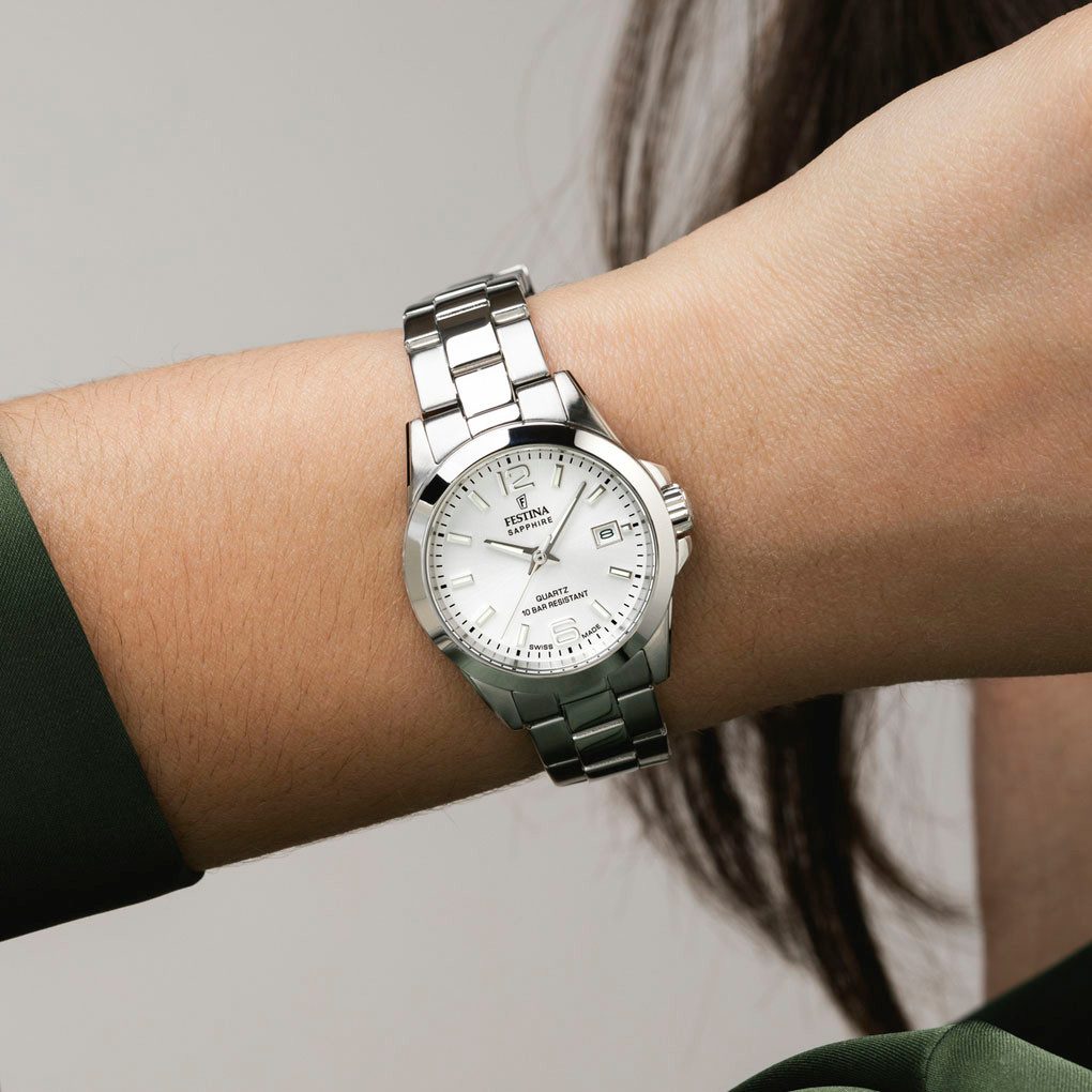 Festina Kwartshorloge Horloge, dameshorloge, Swiss Made, stalen band, analoog, dag