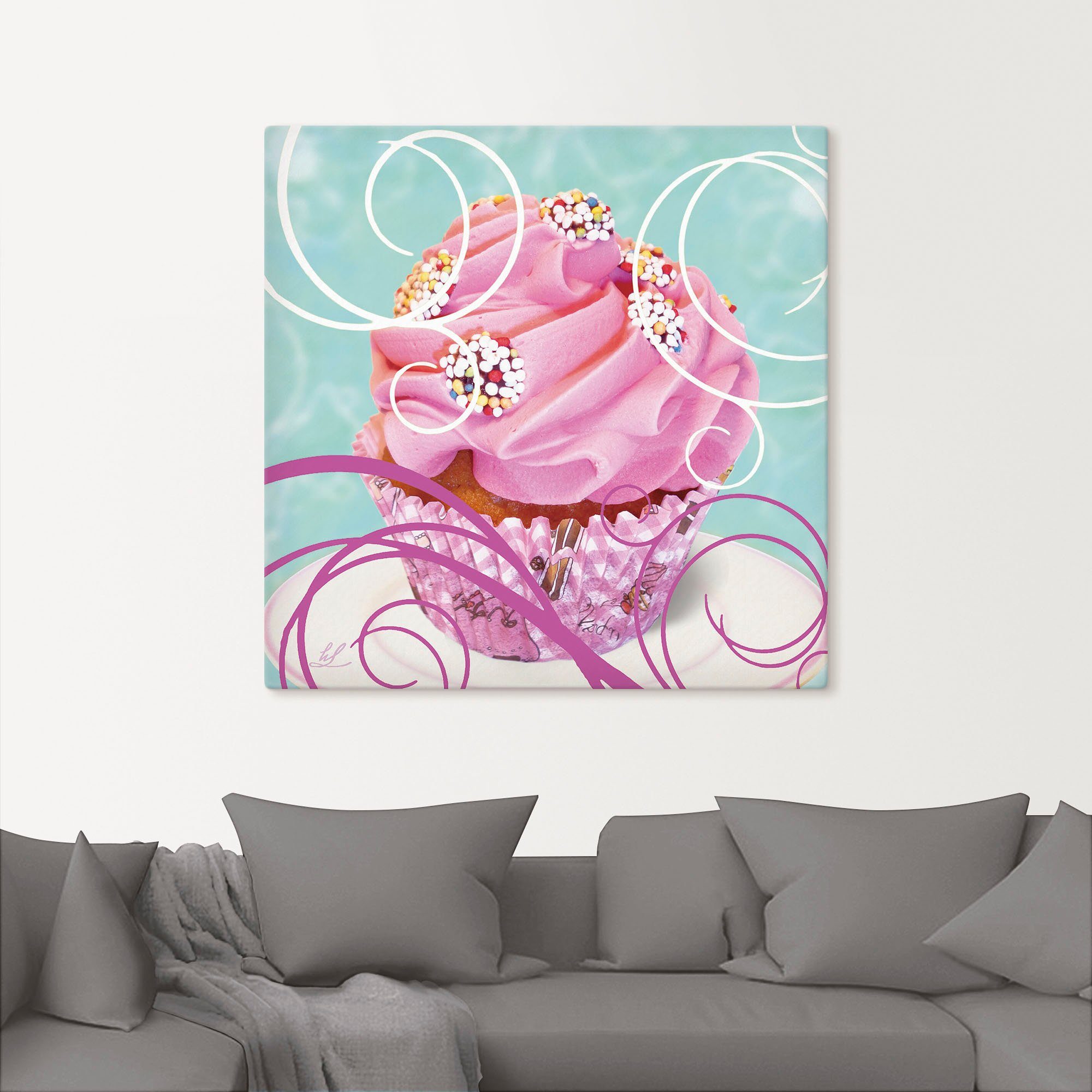 Artland Artprint Cupcake op petrol - gebak als artprint van aluminium, artprint op linnen, muursticker of poster in verschillende maten