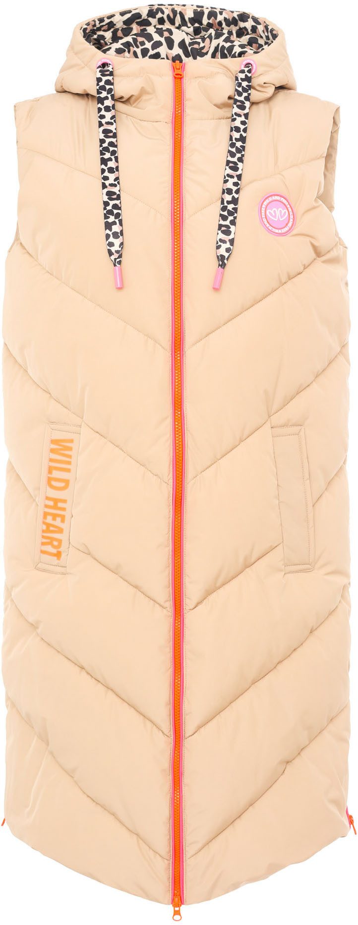 Zwillingsherz Bodywarmer Gewatteerd vest lang "Wild at Heart" met leeuwdetails, print, capuchon, rits en zakken