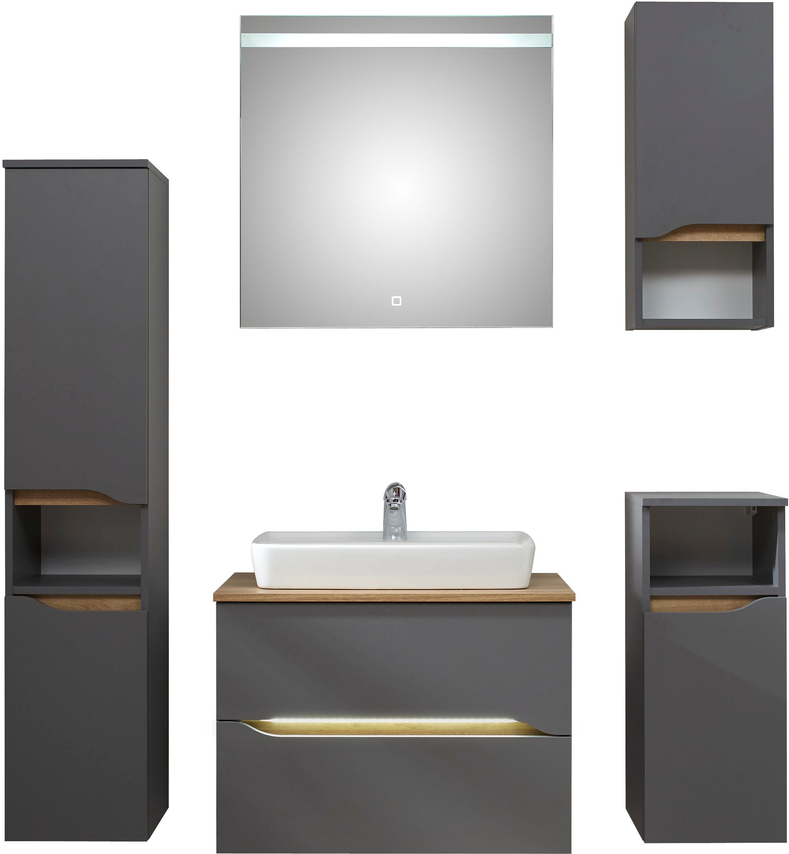 Saphir Badkamerserie Quickset 5-delig, keramieken opzetwasbak met led-spiegel Halfhoge kast, onderkast, hangend kastje, inclusief deurdemper, 6 deuren