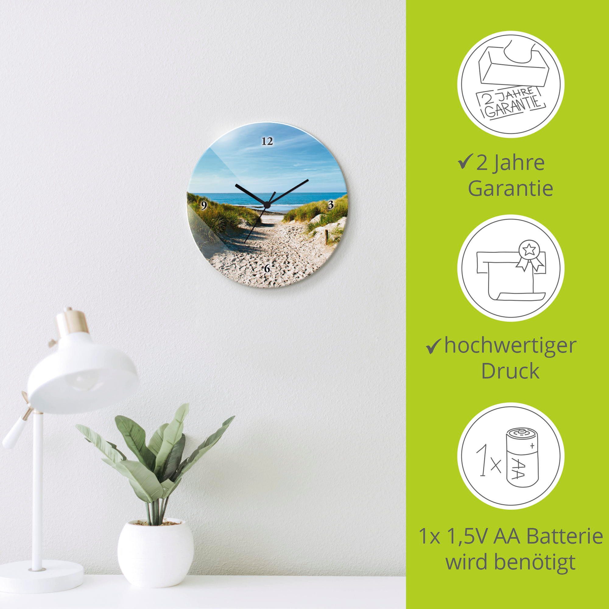 Artland Wandklok Strand met duinen en weg naar het water optioneel verkrijgbaar met kwarts- of radiografisch uurwerk, geruisloos zonder tikkend geluid