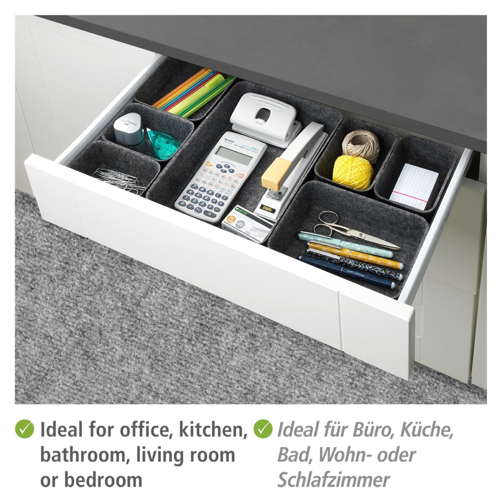 WENKO Organizer Opbergdozen voor lades, 3 maten, gerecycled polyester vilt (set, 7-delig)