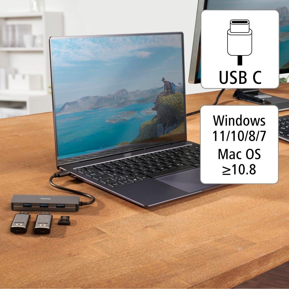 Hama USB-adapter USB-C multiport hub voor laptop met 4 poorten, USB-A, USB-C, zilverkleurig (1 stuk)