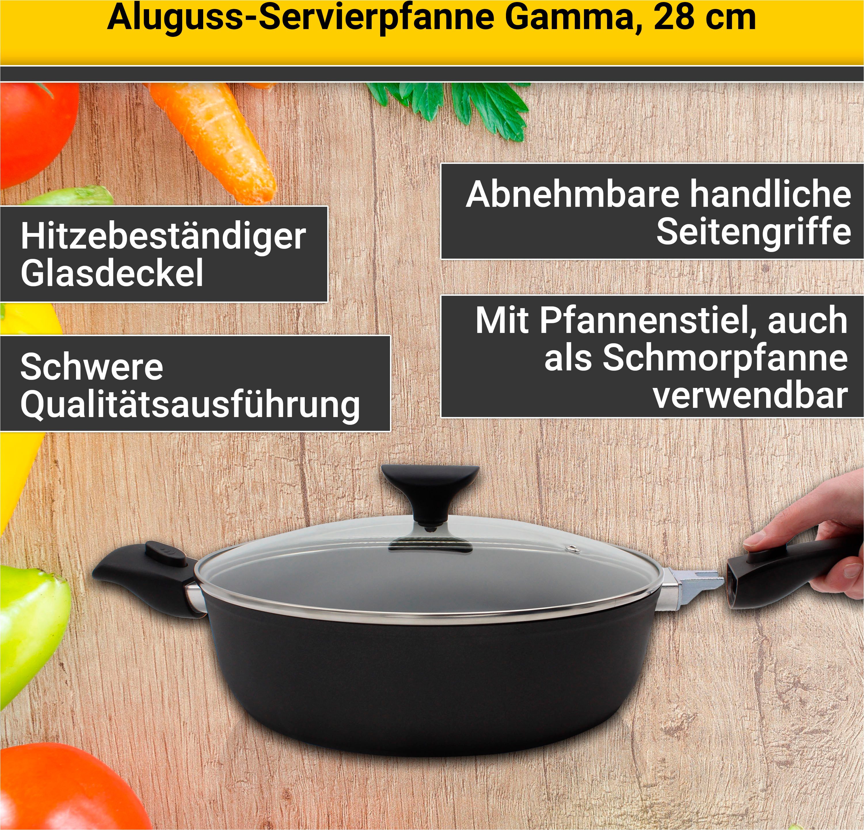 Krüger Serveerpan Aluminium pan GAMMA met glazen deksel, 28 cm, met afneembare handgrepen