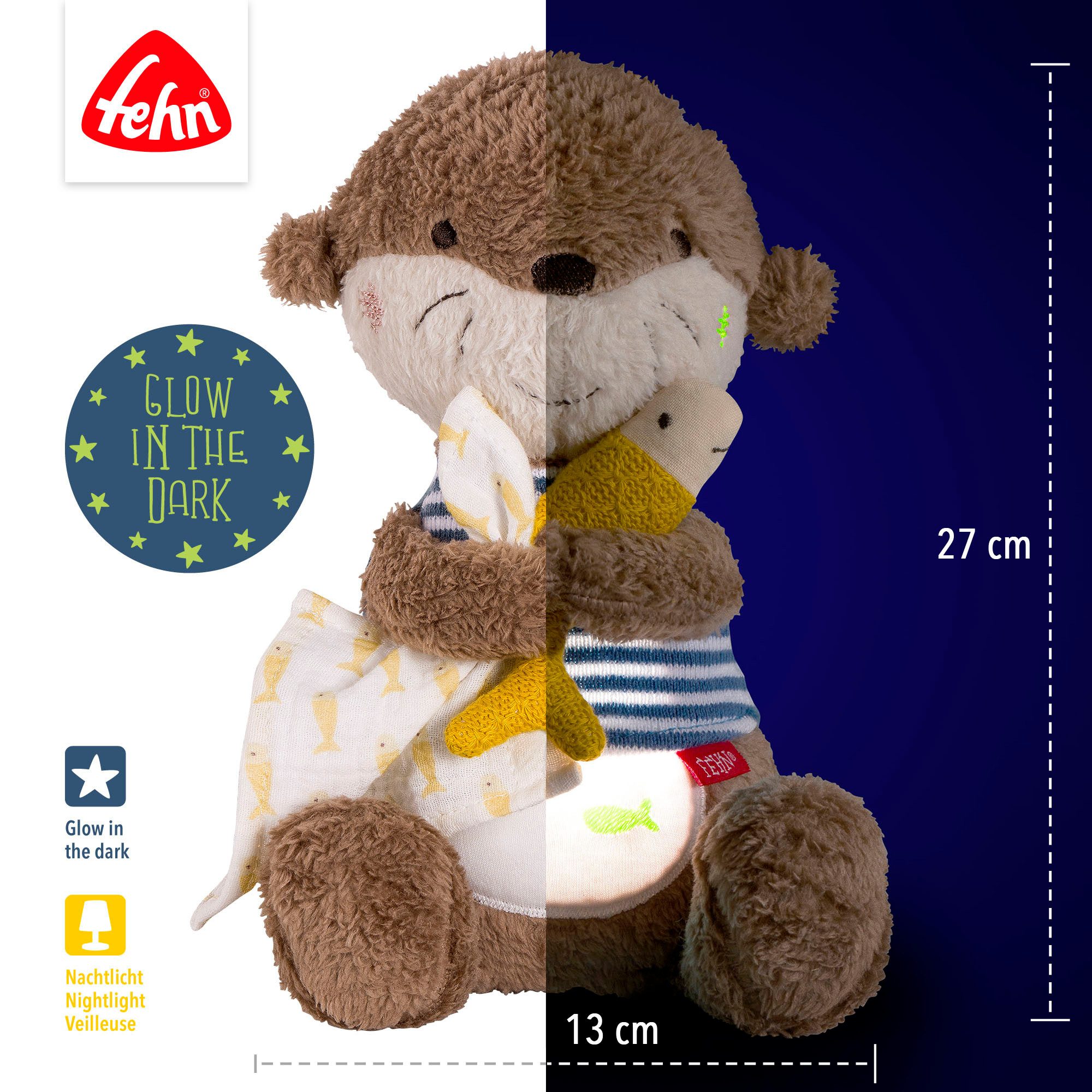 Fehn Knuffelbeest Otter Theo, nachtlicht met "glow-in-the-dark"-borduursel & nachtlicht-module