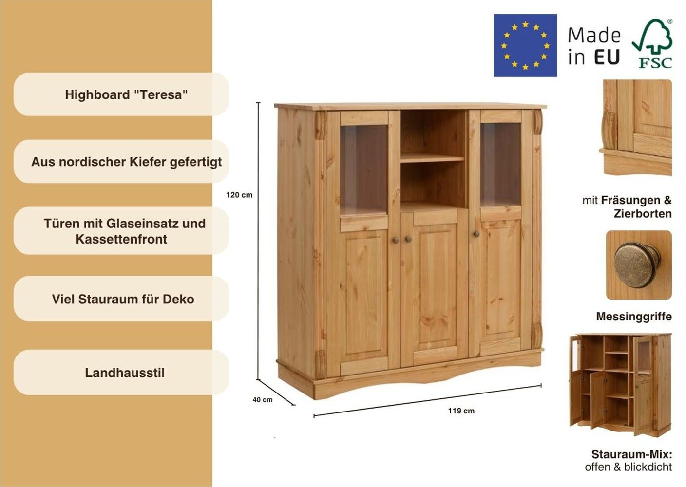 Home affaire Highboard Teresa Breedte 119 cm, deuren met glazen inzetstukken, van massief grenen, FSC®