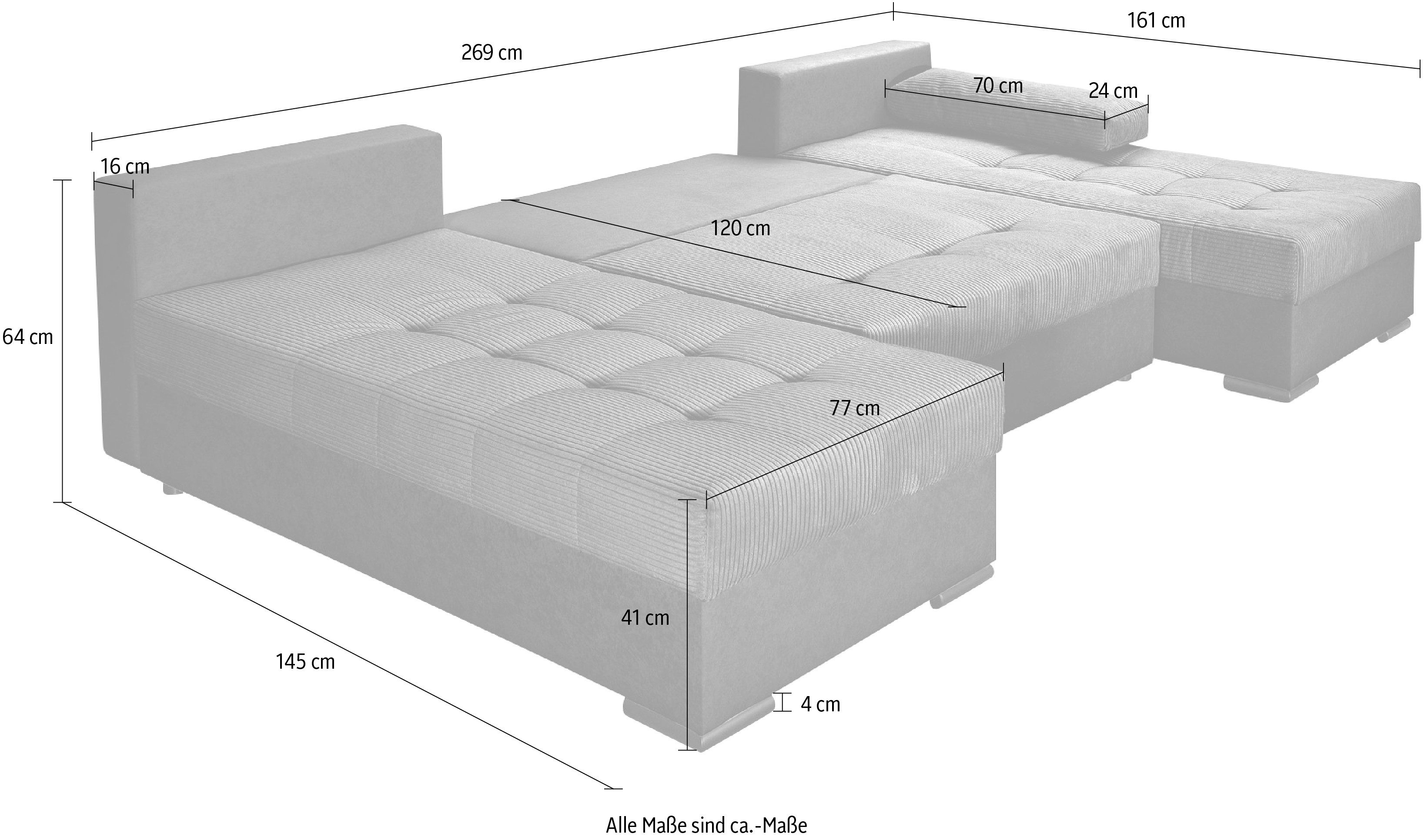 INOSIGN Zithoek Josy U-vorm incl. bedfunctie, bedbox en kussens, met 2 recamieren