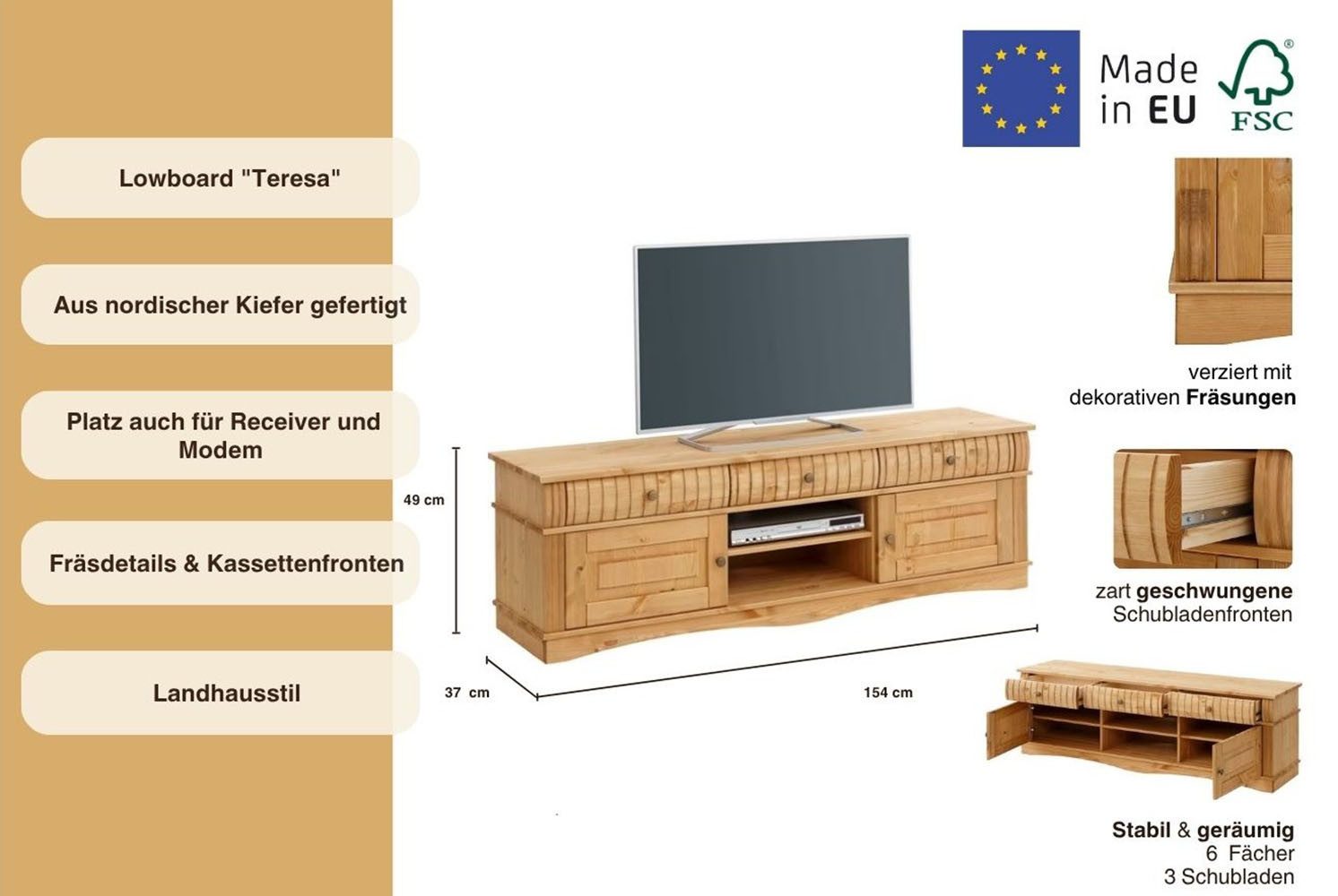Home affaire Tv-meubel Teresa Commode van massief dennenhout, breedte 154 cm