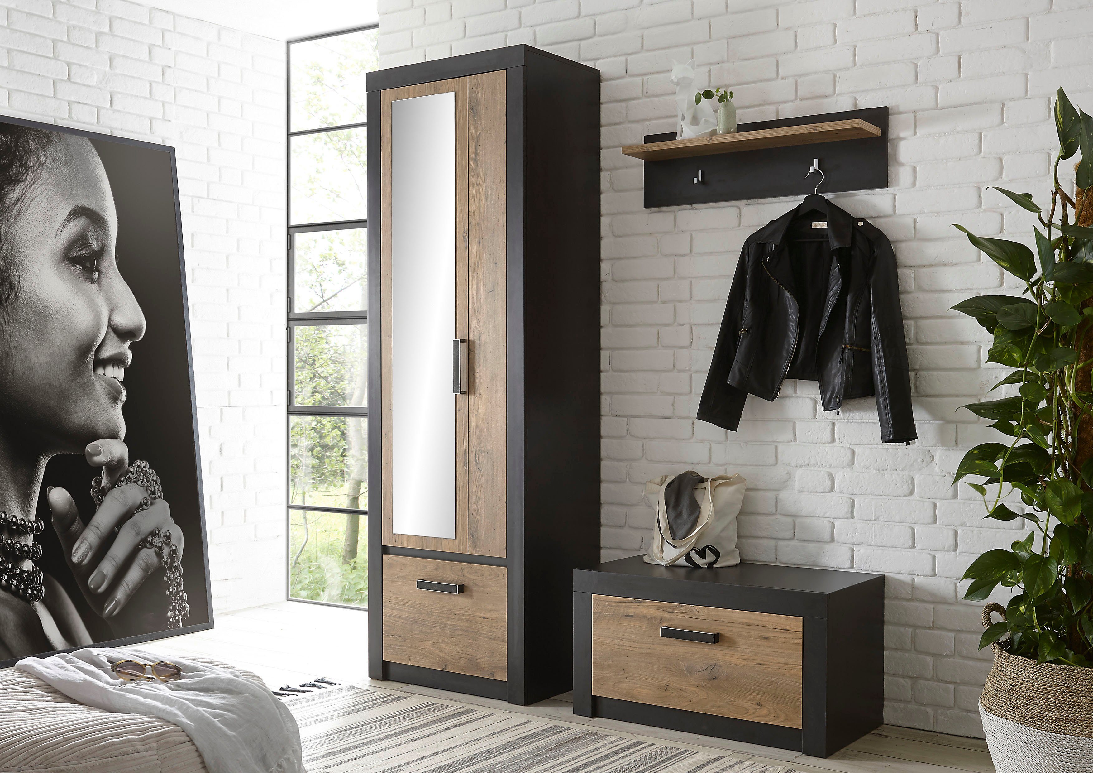 INOSIGN Halmeubelset BRÜGGE met een decoratieve frame-look (complete set, 3-delig) wandkapstokken grijs