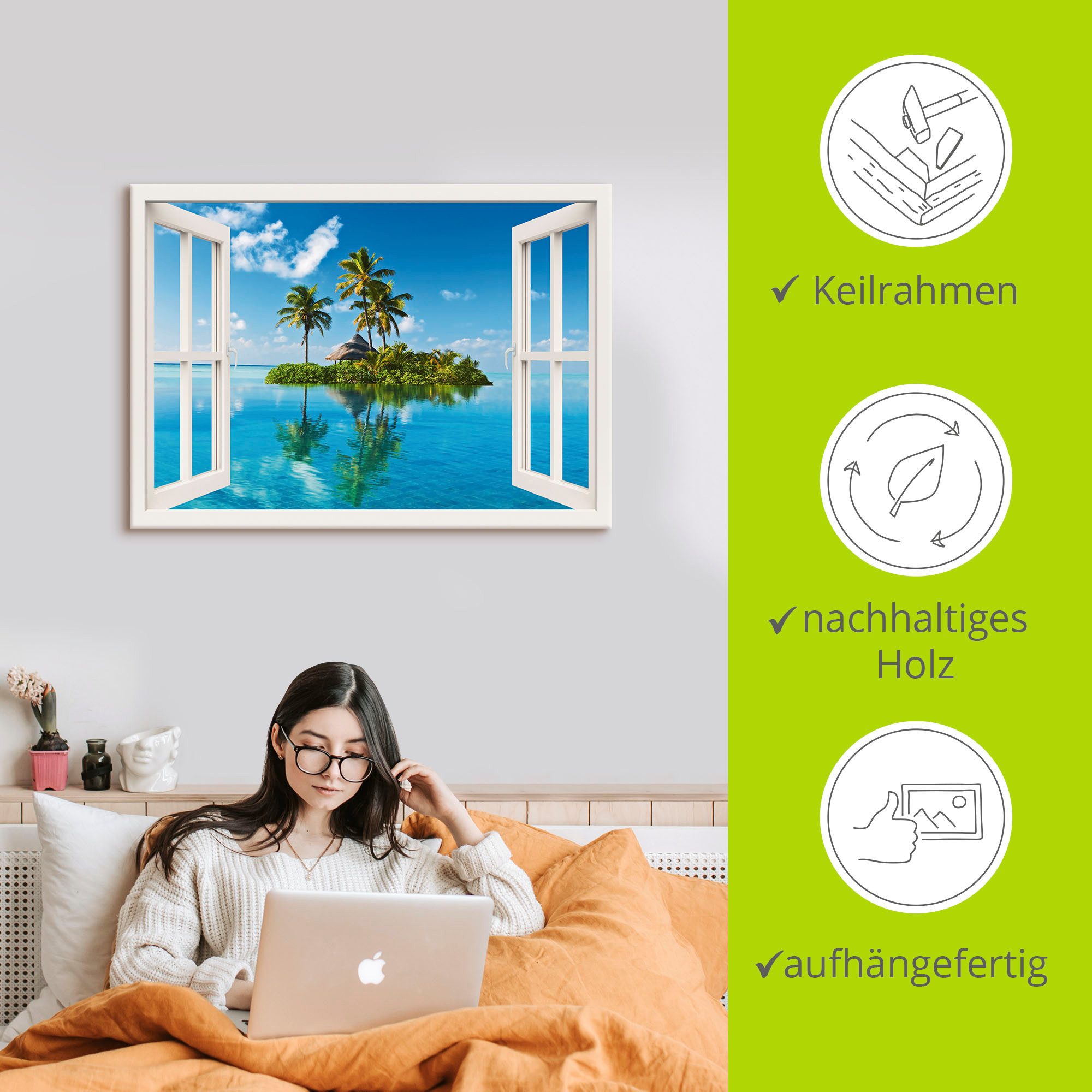 Artland Artprint Blik uit het venster eiland palmen zee als artprint op linnen, poster, muursticker in verschillende maten