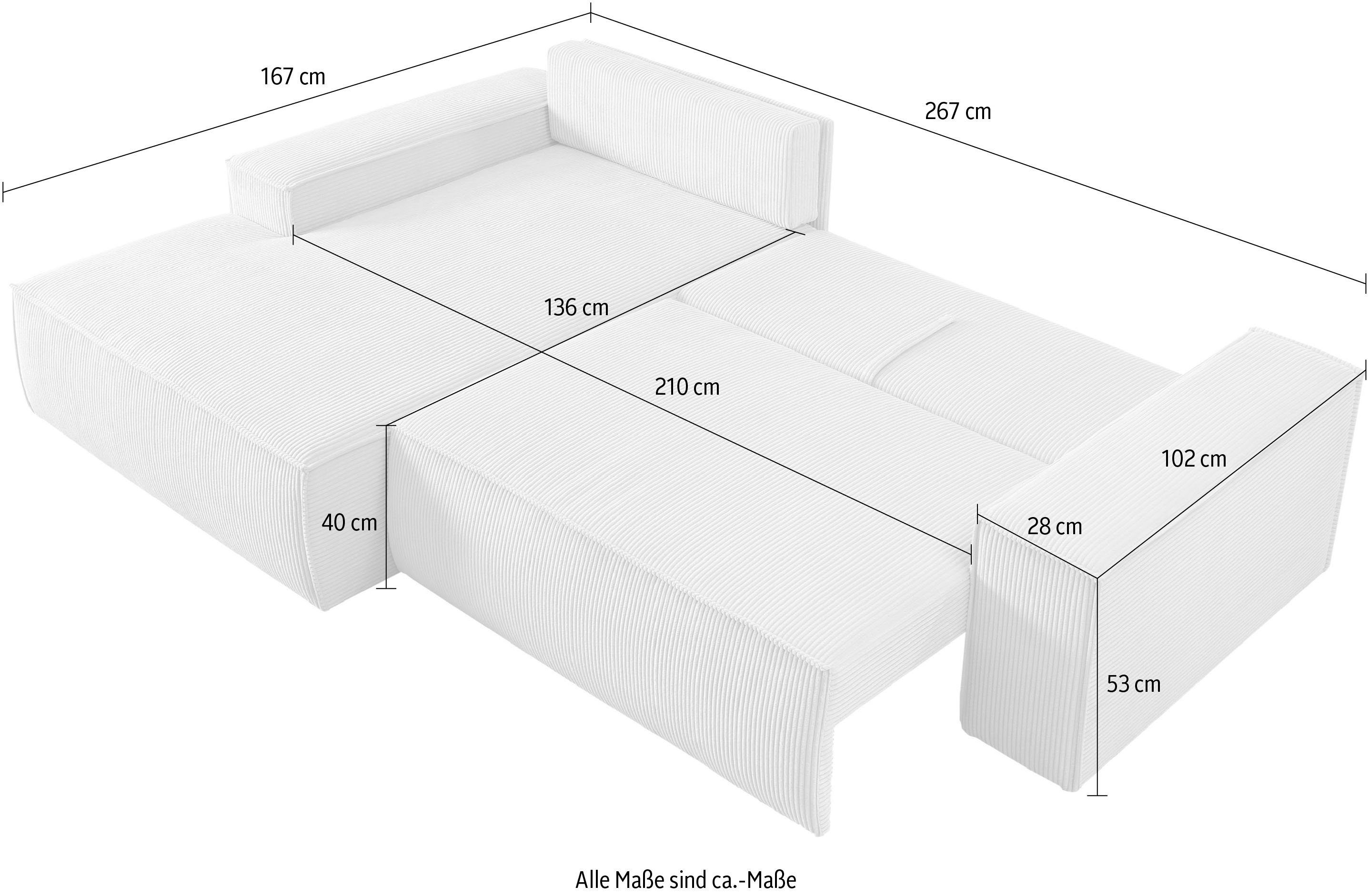 Home affaire Hoekbank SHERWOOD bedbank 267 cm, L-model, Slaapfunctie met bedlade (210x136 cm), cord, vintage, fluweel