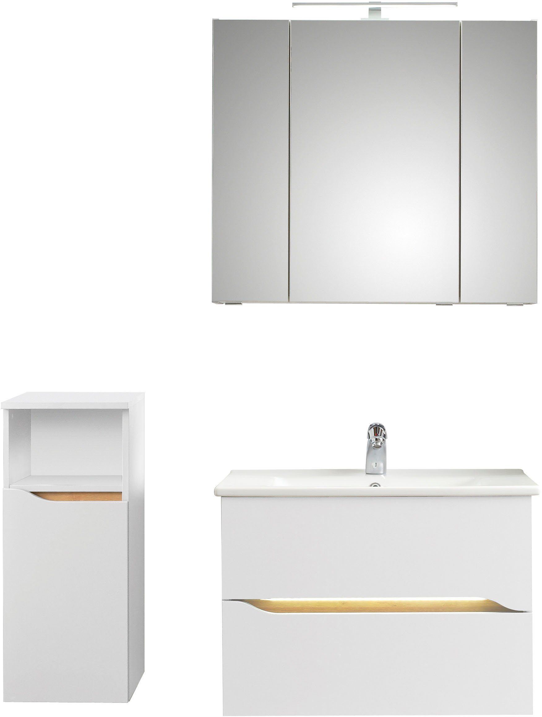 Saphir Badkamerserie Quickset 3-delig, keramische wastafel en LED spiegelkast Onderkast, incl. deurdempers, 4 deuren, 1 open vak, bad-set (5-delig)