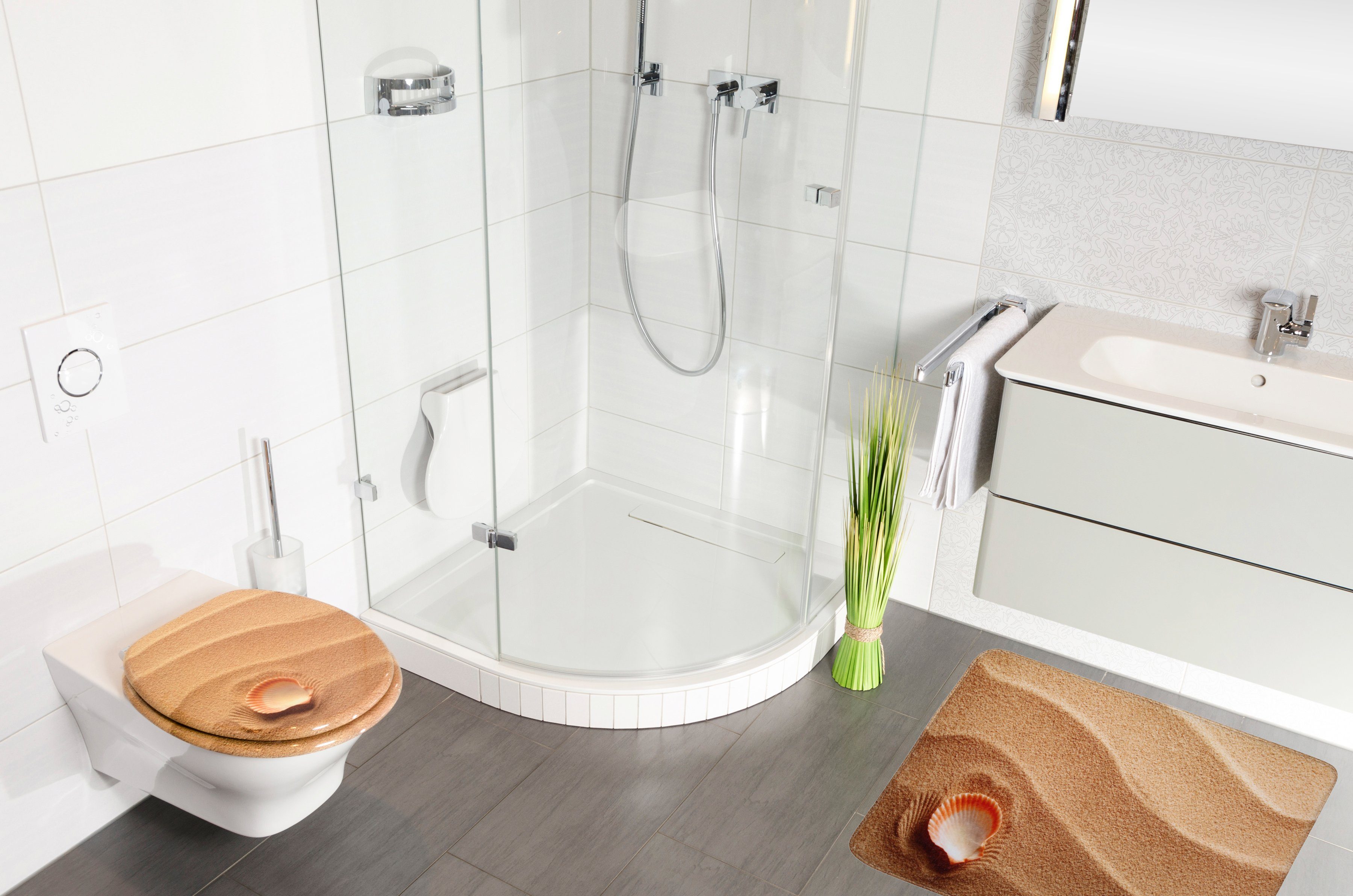 Sanilo Set badkameraccessoires Clam bestaand uit toiletzitting, badmat en wastafelplug (complete set, 3-delig)