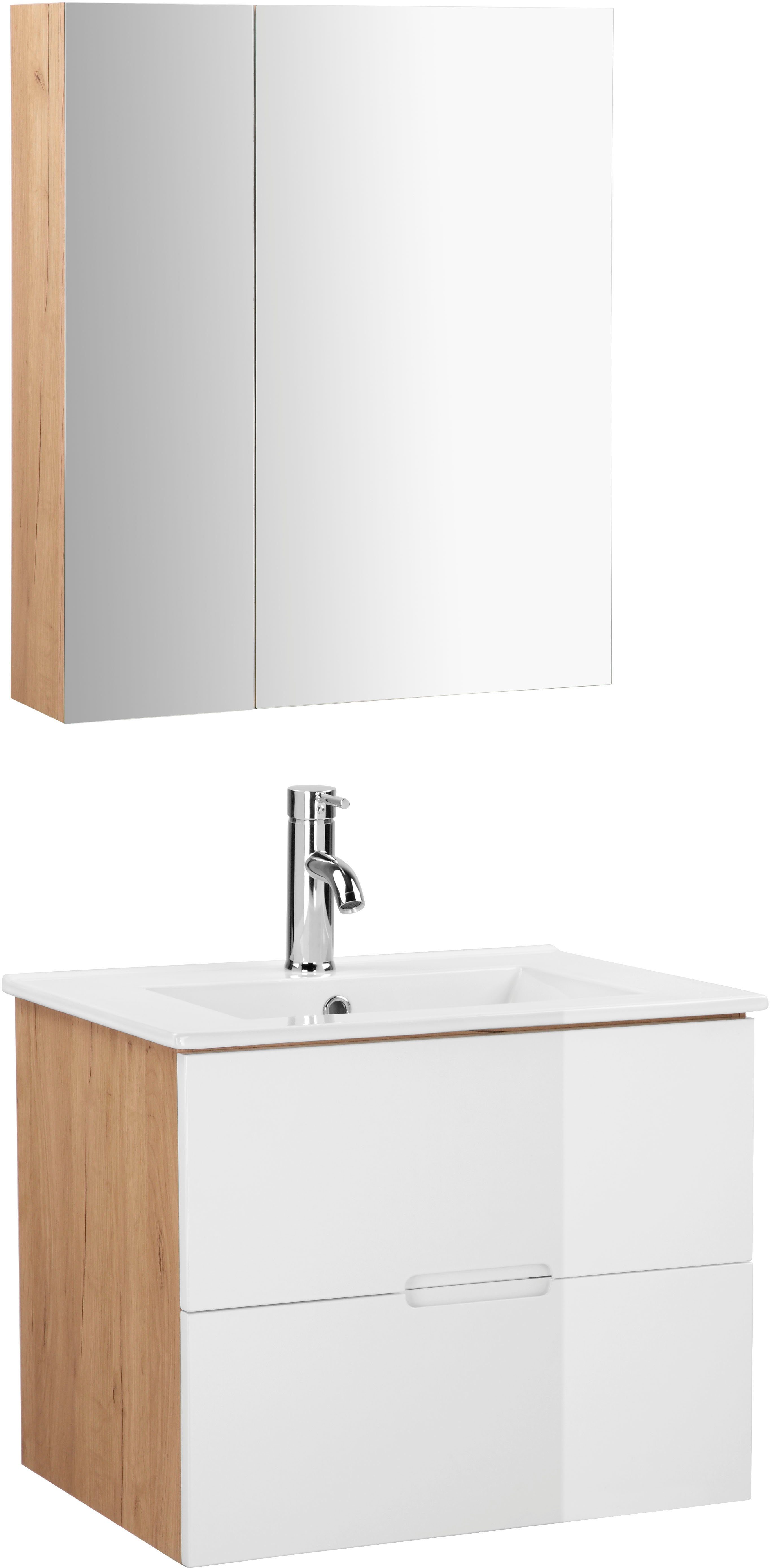 welltime Badkamerserie Lund badkamermeubelset badkamerkast badkamerset Spiegelkast, wastafelonderkast en wasbak breedte 60 cm (complete set)